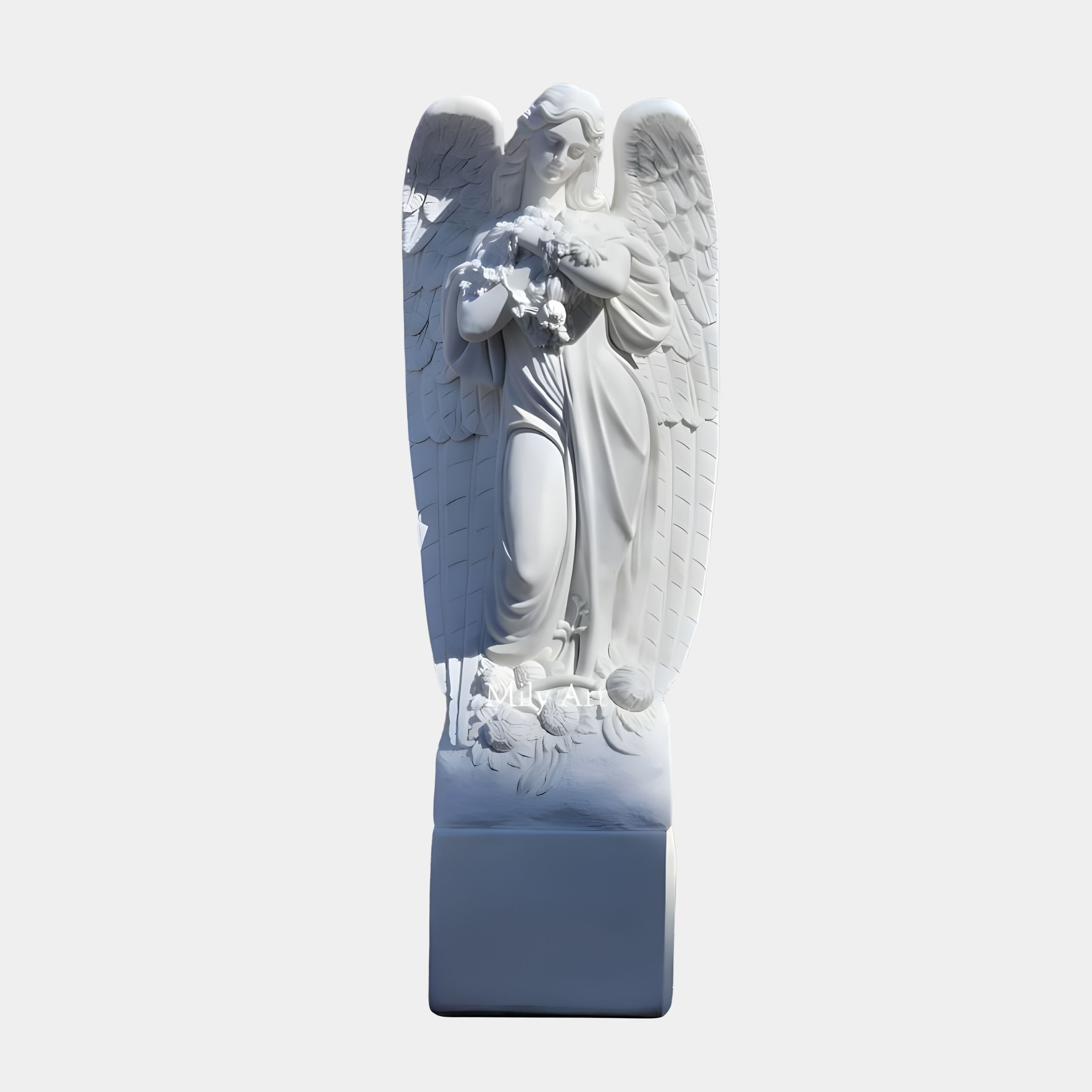 The Heavenly Bloom Angel Marble Outdoor Sculpture by Giant Sculptures features a white marble angel adorned with detailed wings and a serene expression, holding a bouquet of flowers. Standing at 220cm on a plain pedestal, its an ideal garden decoration.