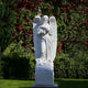 The Giant Sculptures Heavenly Bloom Angel Marble Outdoor Sculpture, standing at 220cm, is a graceful white angel with large wings and a bouquet on a pedestal. Its an exquisite outdoor decor piece that complements green foliage and red-leaved trees, enhancing the gardens peaceful ambiance.