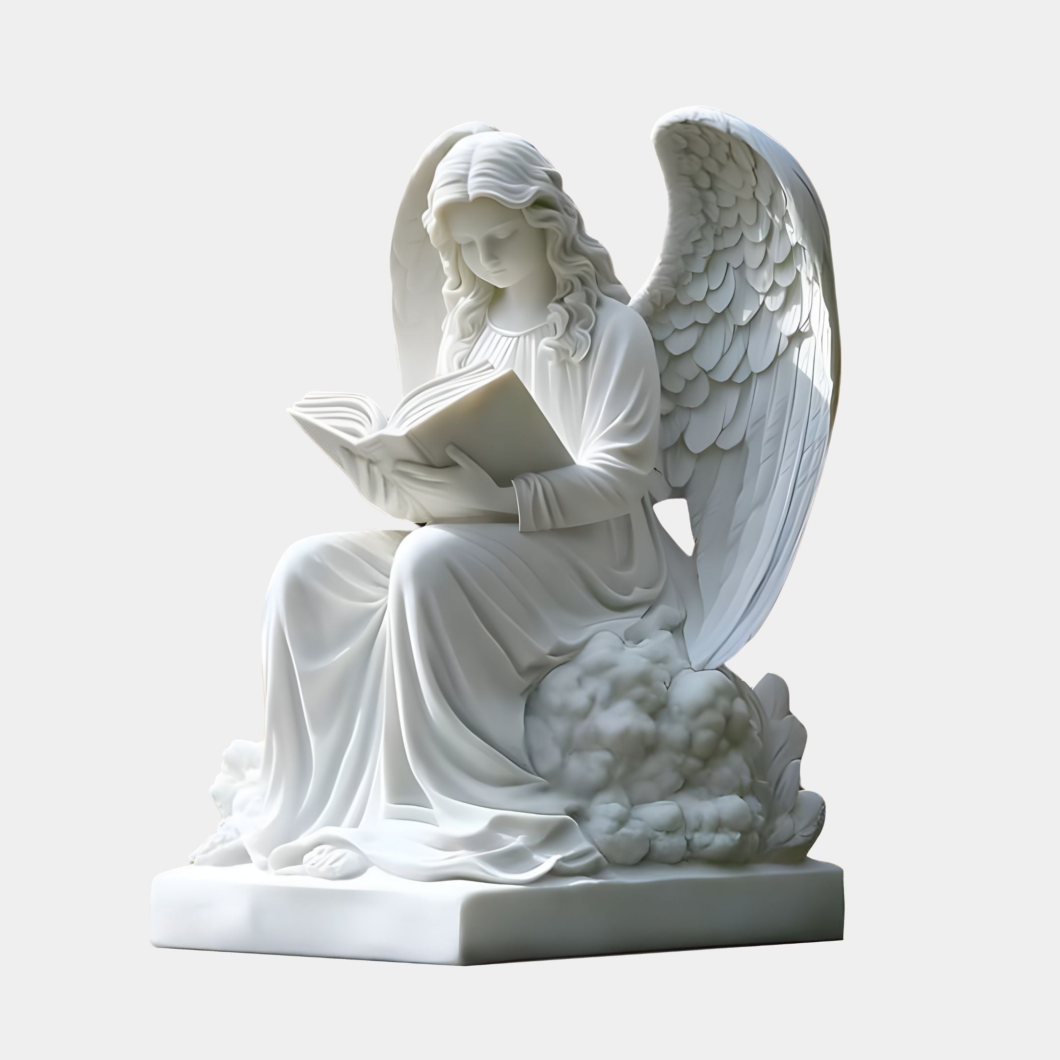 The 120cm Heavenly Reading Angel by Giant Sculptures features an angel in marble, seated with hand-carved wings and flowing robes, engrossed in a book on a cloud-like base, enhancing its celestial presence.