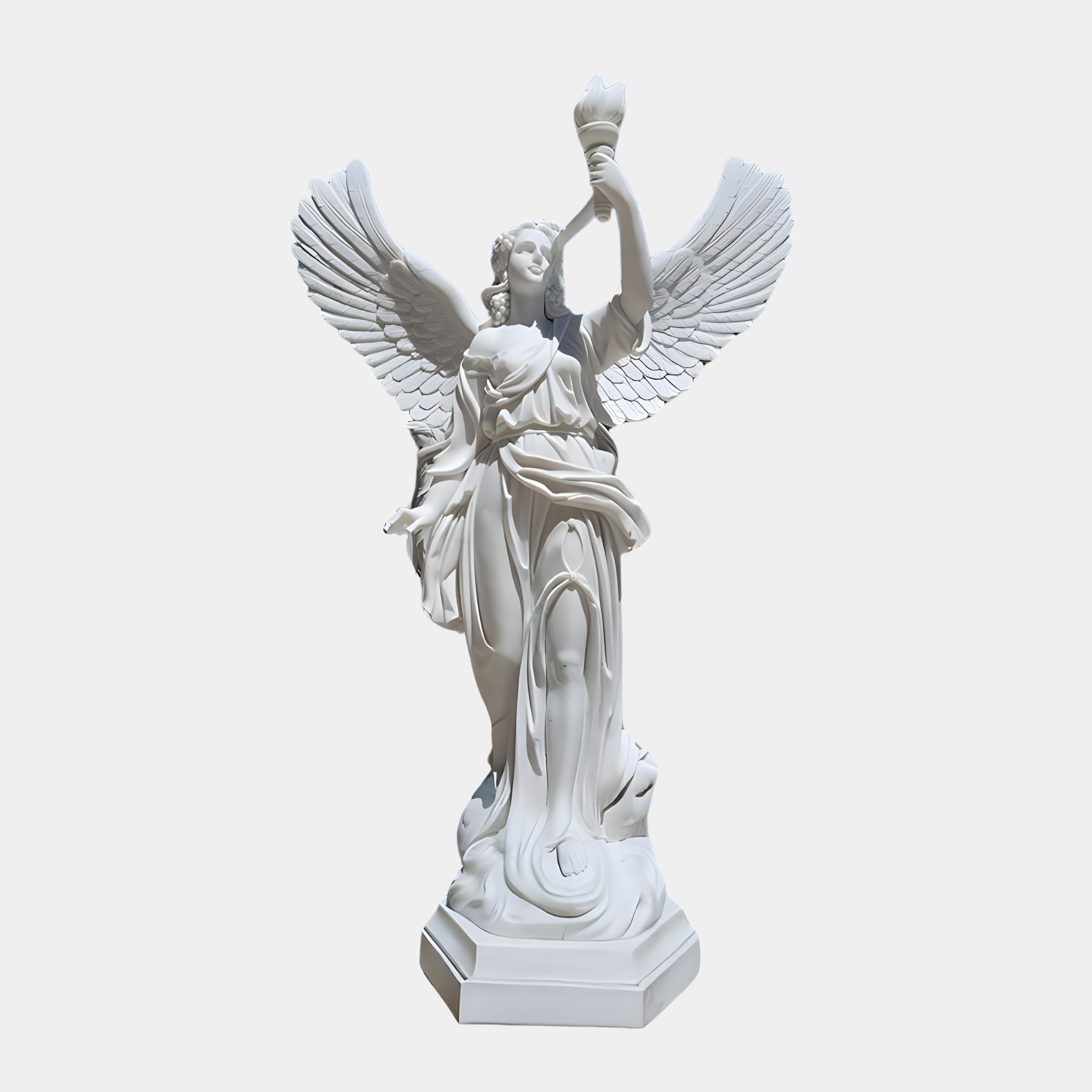 The Torch-Bearing Angel Marble Outdoor Sculpture by Giant Sculptures features a winged female figure in flowing robes, holding a trumpet on a rectangular base. Standing 220cm tall, it embodies grace with elaborate feathered wings against a plain background.