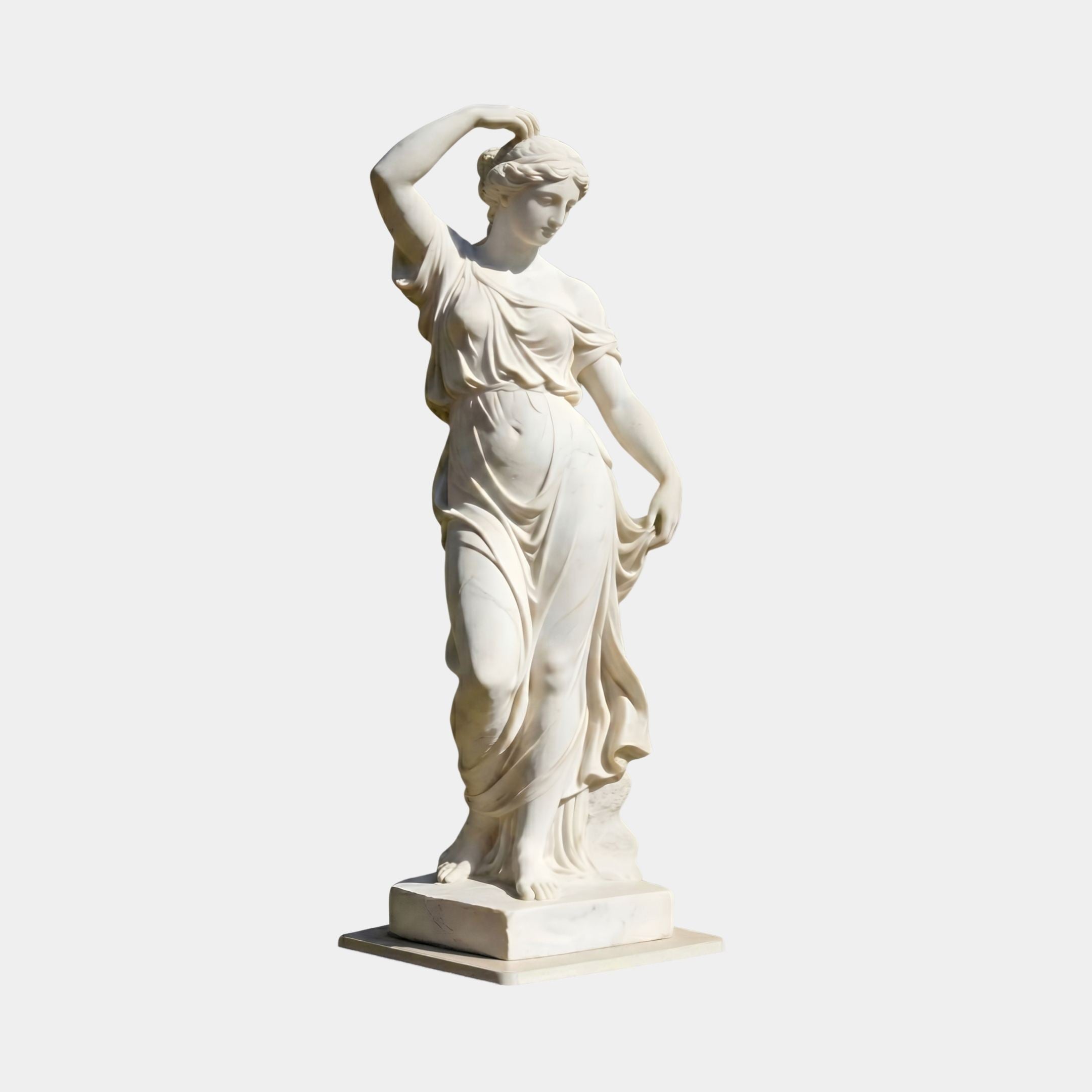 Dancing Woman Marble Sculpture 160cm by Giant Sculptures, a white marble figure in flowing robes with one arm raised, shown on a square base against a plain background.