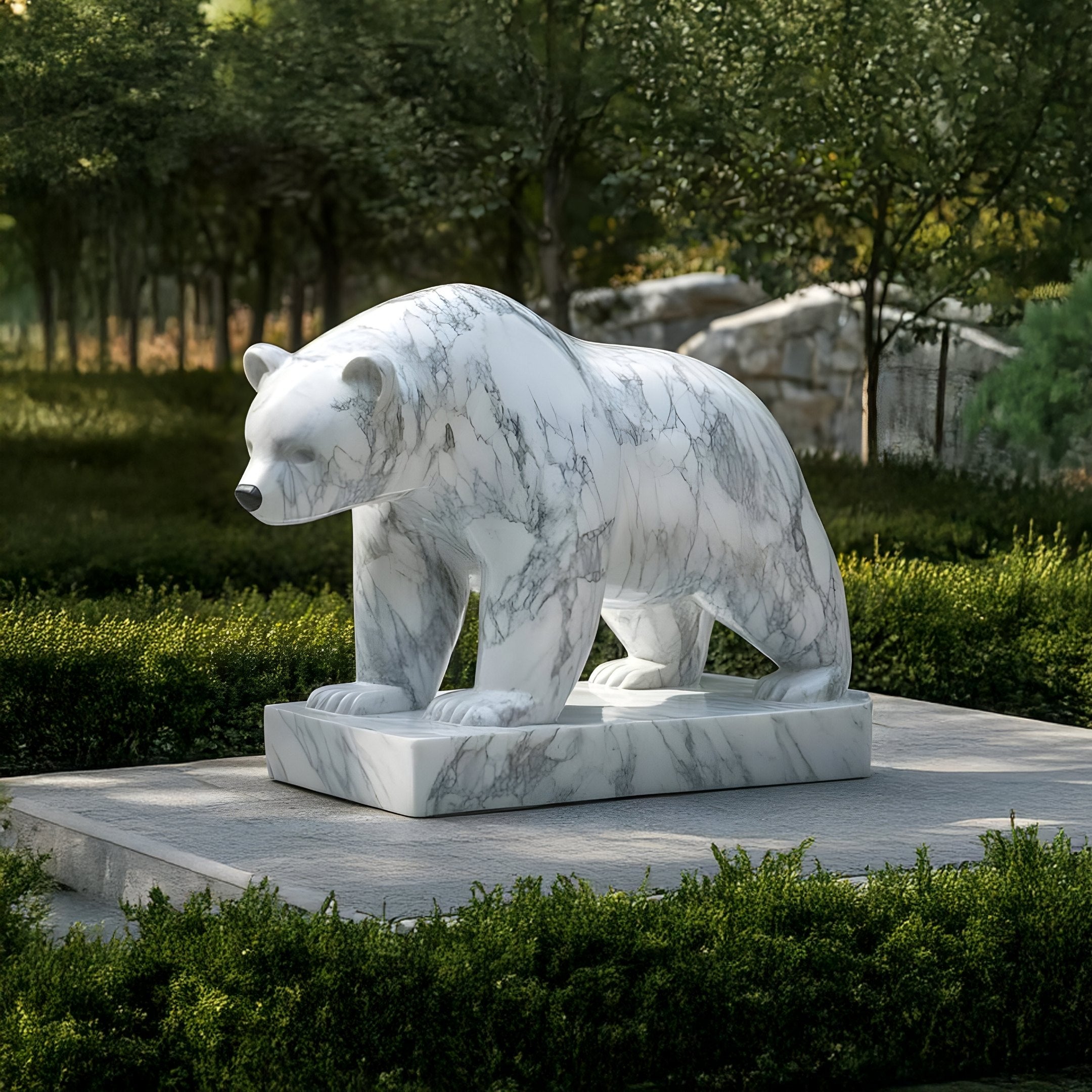 The Walking Polar Bear White Marble Outdoor Sculpture - 65cm by Giant Sculptures stands elegantly on a pedestal in a landscaped garden surrounded by greenery, making it a refined choice for outdoor decor.