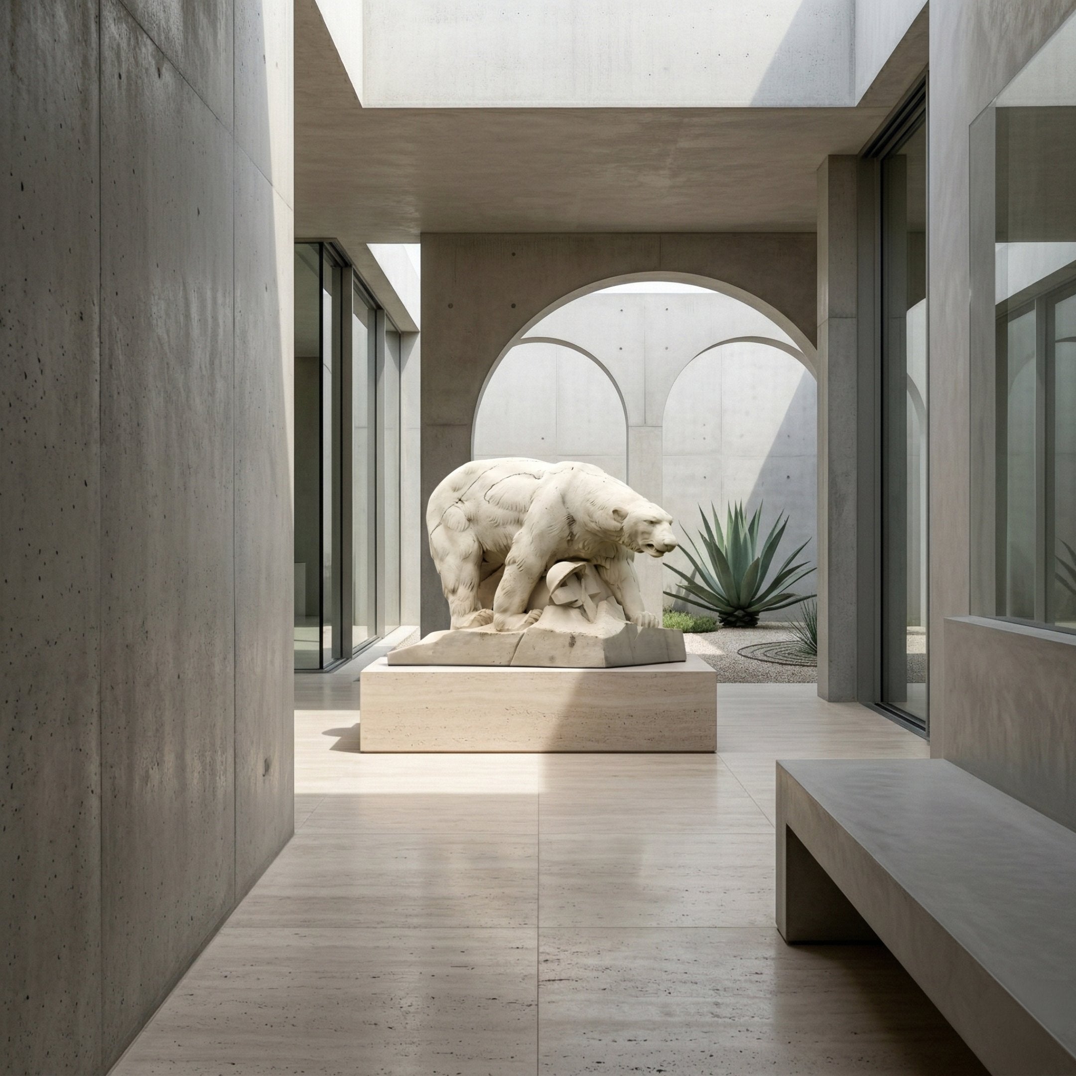 The Giant Sculptures Arctic Sentinel Bear Marble Outdoor Sculpture (160cm) stands on a pedestal in a sleek, modern space with concrete walls, arched windows, and overhead natural light. A potted agave plant is visible through an archway.