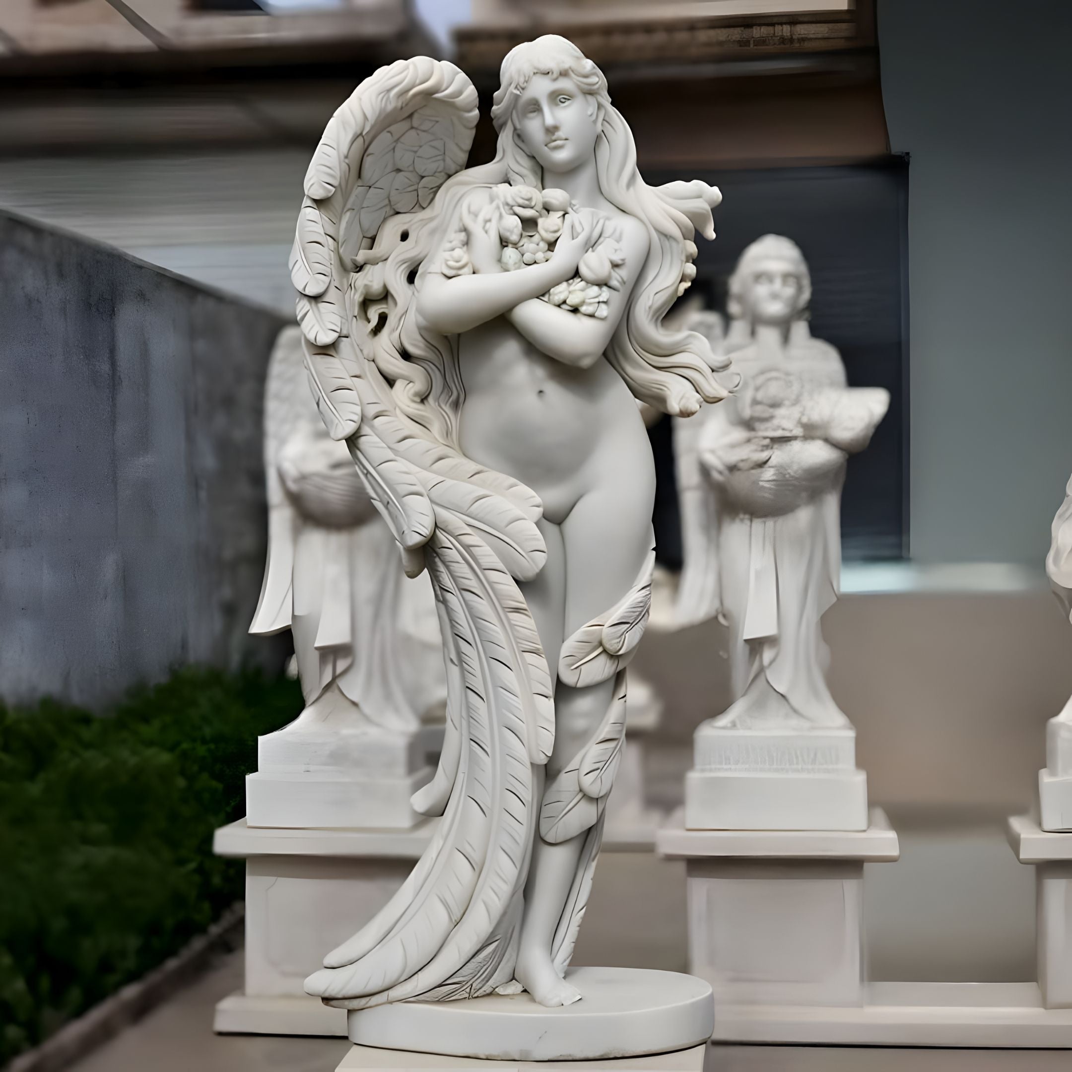 The Leafy Embrace Angel Marble Outdoor Sculpture by Giant Sculptures, standing gracefully at 170cm, features a female angel with leaf-inspired wings and crossed arms. Its detailed feathers capture natures harmony and spirituality, beautifully complementing similar statues in any serene setting.