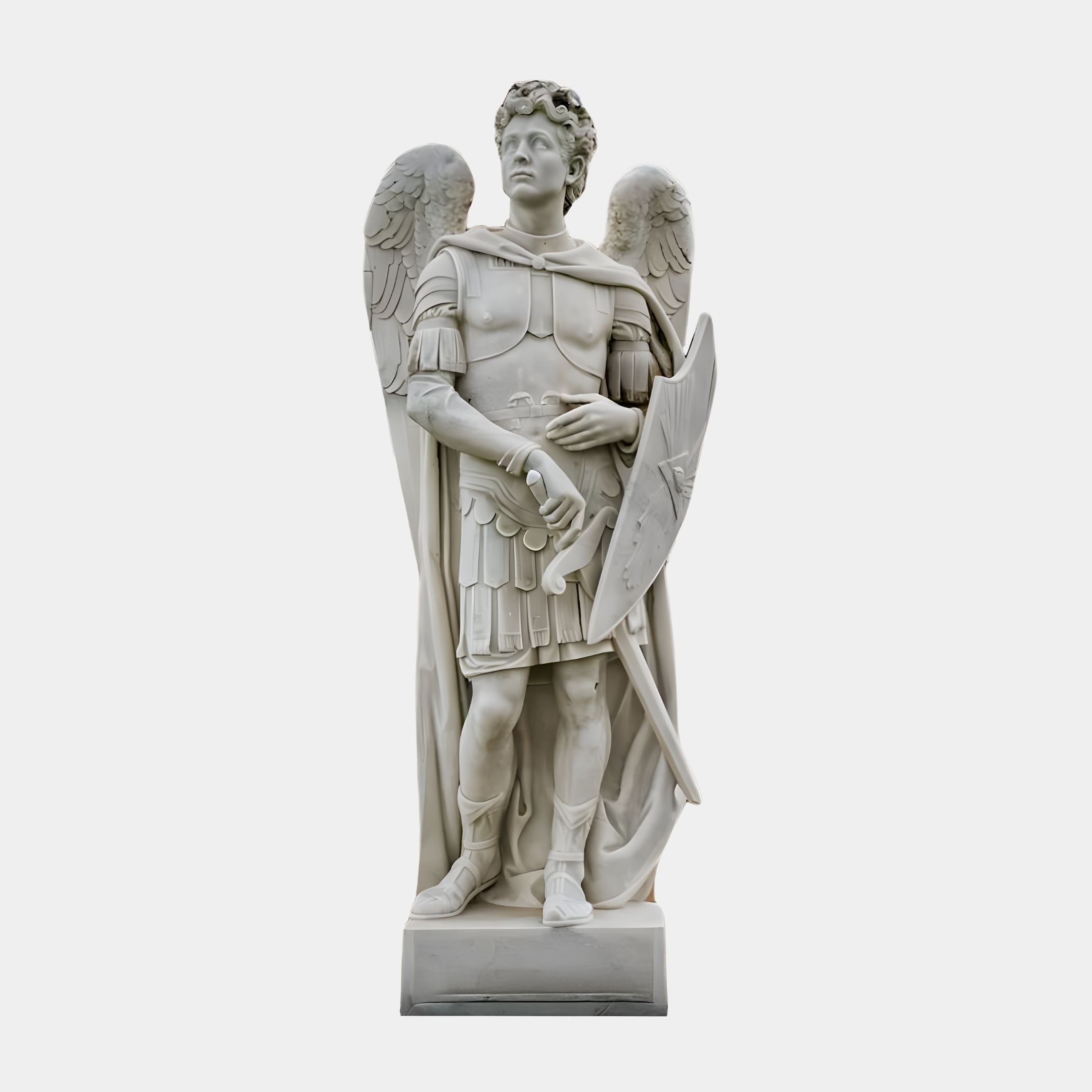 The Valiant Shield Angel Marble Outdoor Sculpture by Giant Sculptures is a breathtaking 220cm masterpiece. It features a Roman-style angel with wings outstretched, holding a sword and shield, standing on a square pedestal to elegantly transform any garden.