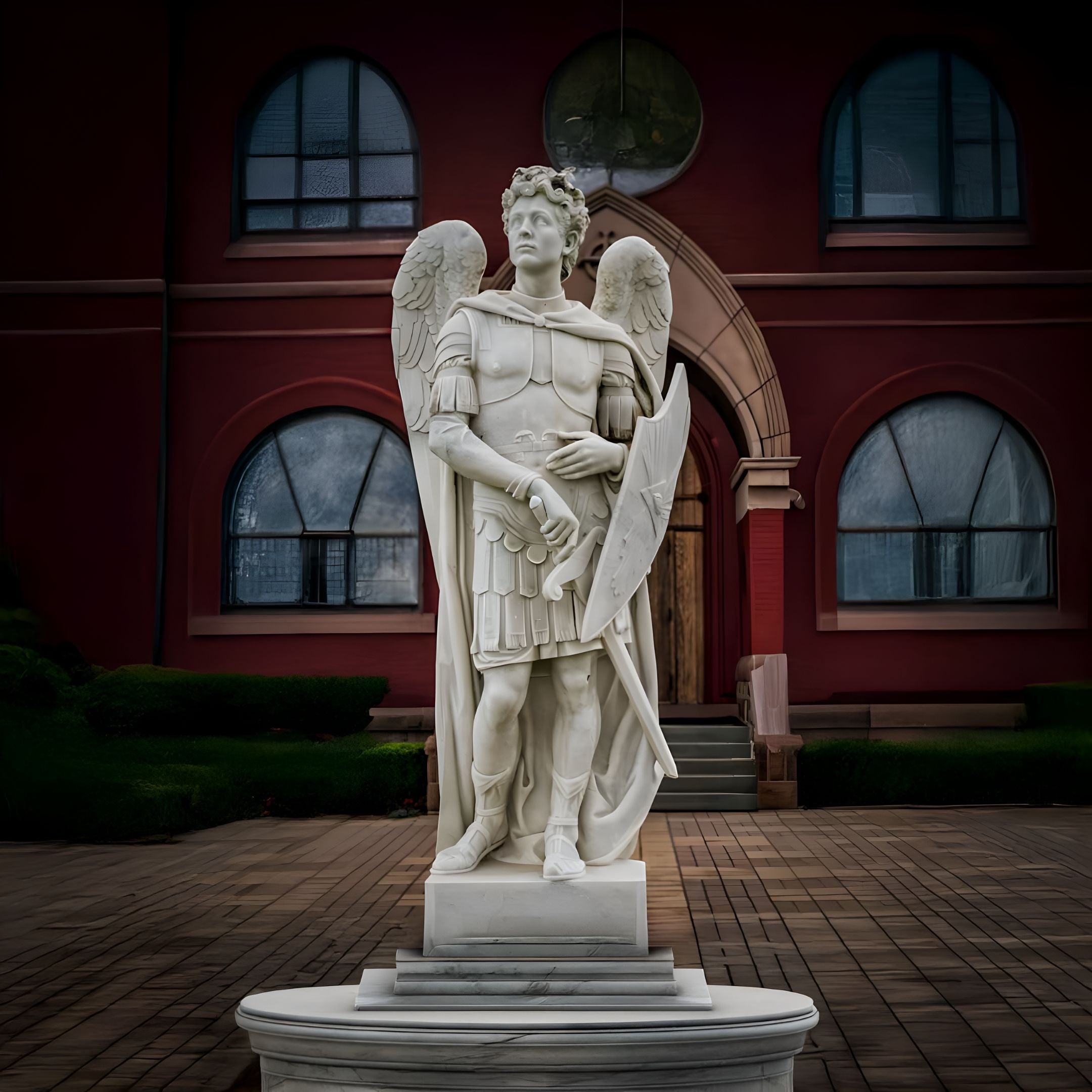 The Valiant Shield Angel Marble Outdoor Sculpture by Giant Sculptures stands 220cm tall, depicting an armored angelic warrior with a sword and shield. It complements any garden space, set against a stunning red building with arched windows and a wooden door for an enchanting outdoor scene.