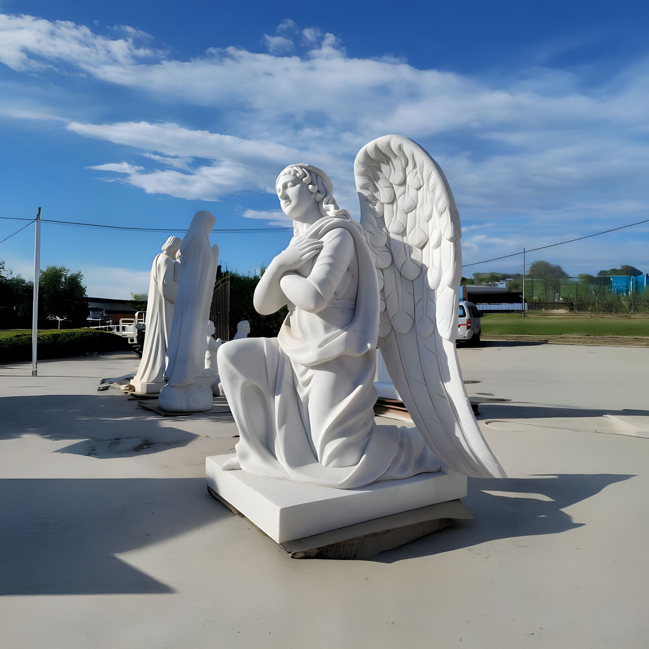 The Giant Sculptures Devout Kneeling Angel Marble Outdoor Sculpture (140cm), with large wings and crossed arms, embodies spiritual contemplation. Another statue sits under a blue sky with scattered clouds, enhancing the serene outdoor ambiance.