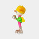 The Giant Sculptures Electroplated Boots & Fist Sunset Brimble Figure (52cm) features a vibrant boy in profile, with yellow cap, green jacket, pink pants, yellow backpack, and shiny boots holding a metallic object against a white background.