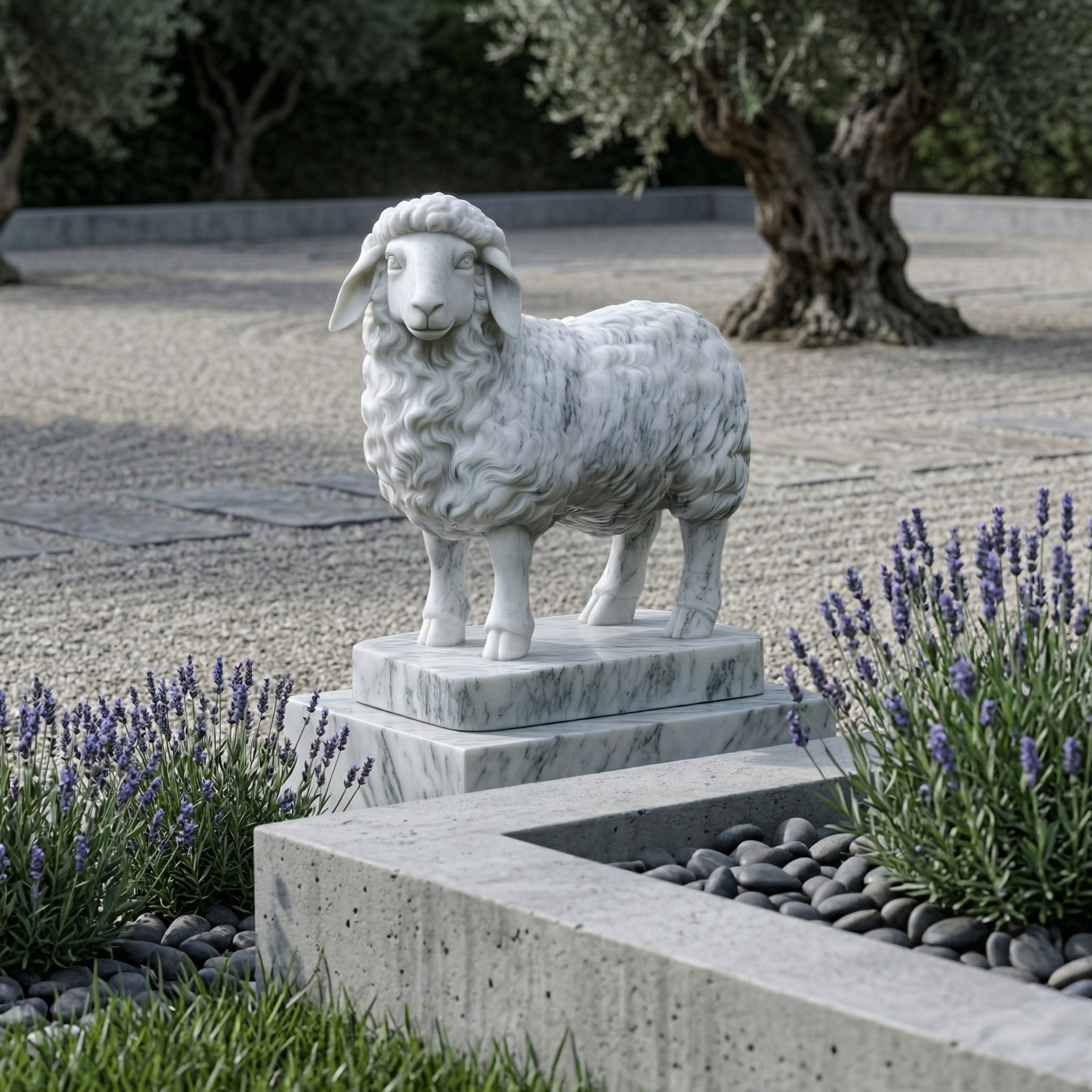 The Woolly Sheep Marble Outdoor Sculpture (120cm) by Giant Sculptures is an elegant white marble piece on a pedestal, perfect for gardens with lavender, smooth stones, and olive trees.