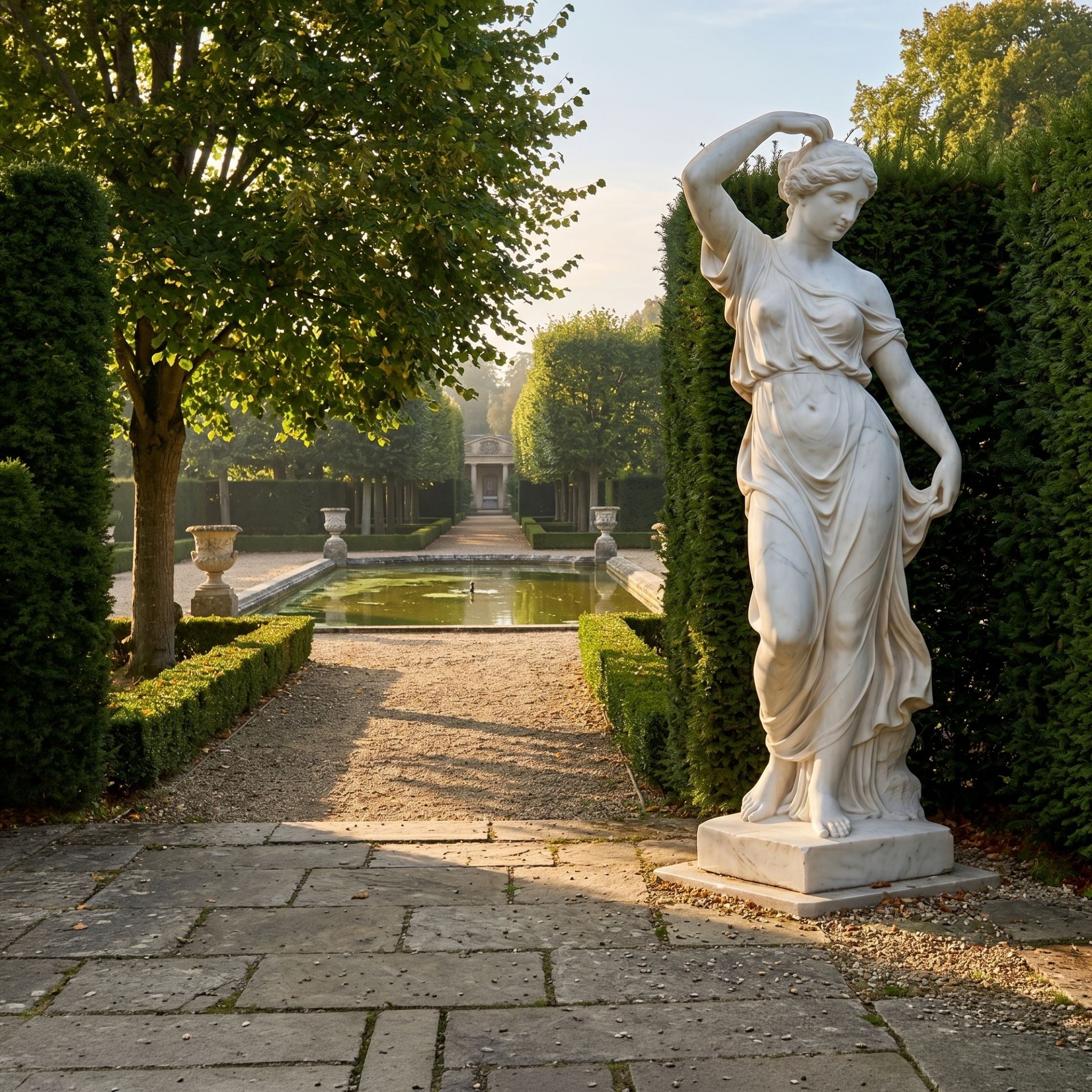 Dancing Woman Marble Sculpture 160cm by Giant Sculptures, posed mid-dance with raised arm and flowing robes, displayed on a stone path beside a formal garden pond.
