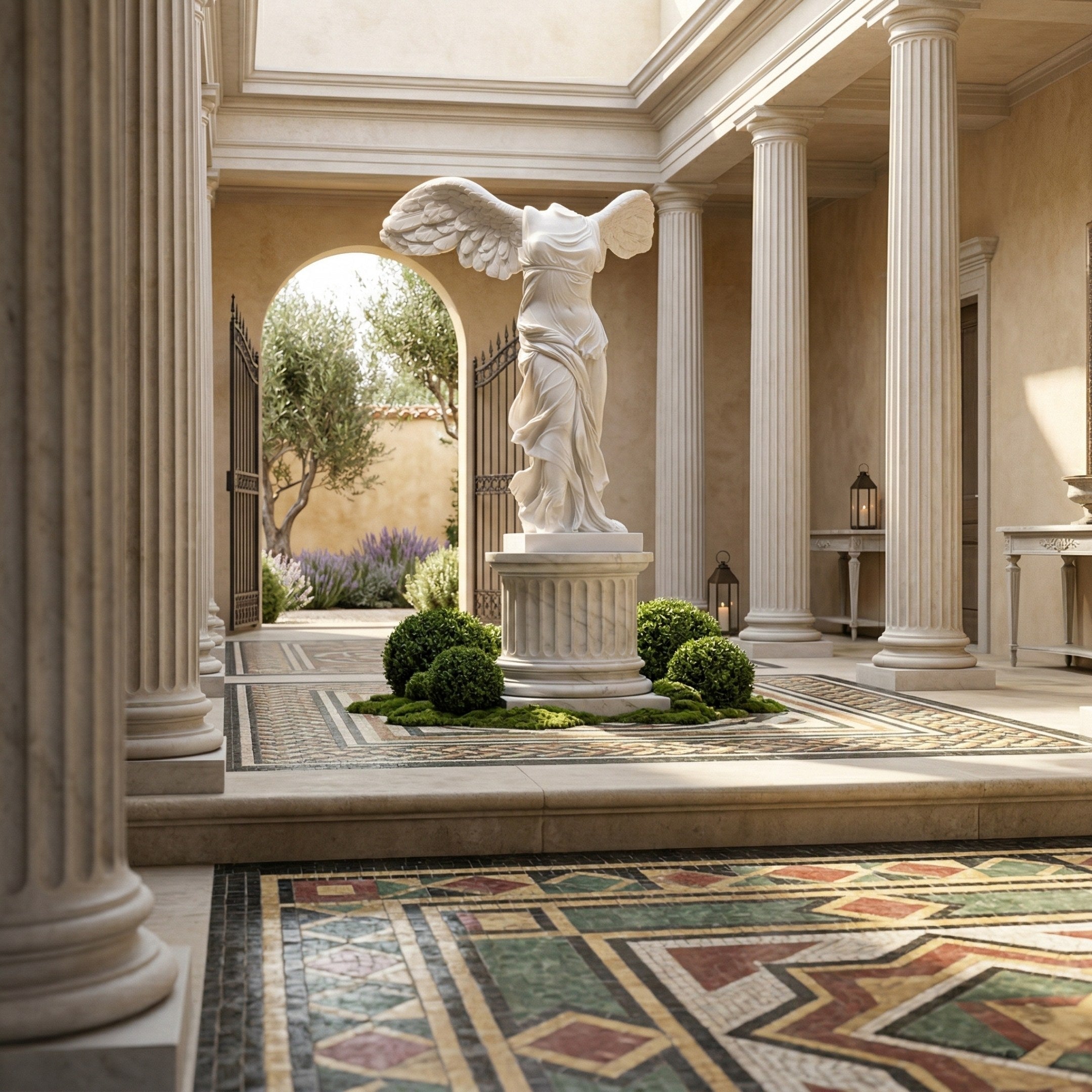 A marble courtyard with tall columns, mosaic tile floors, and trimmed shrubs features the Giant Sculptures Flowing Winged Victory Marble Outdoor Sculpture (190cm) on a pedestal, sunlit in a serene classical art setting.
