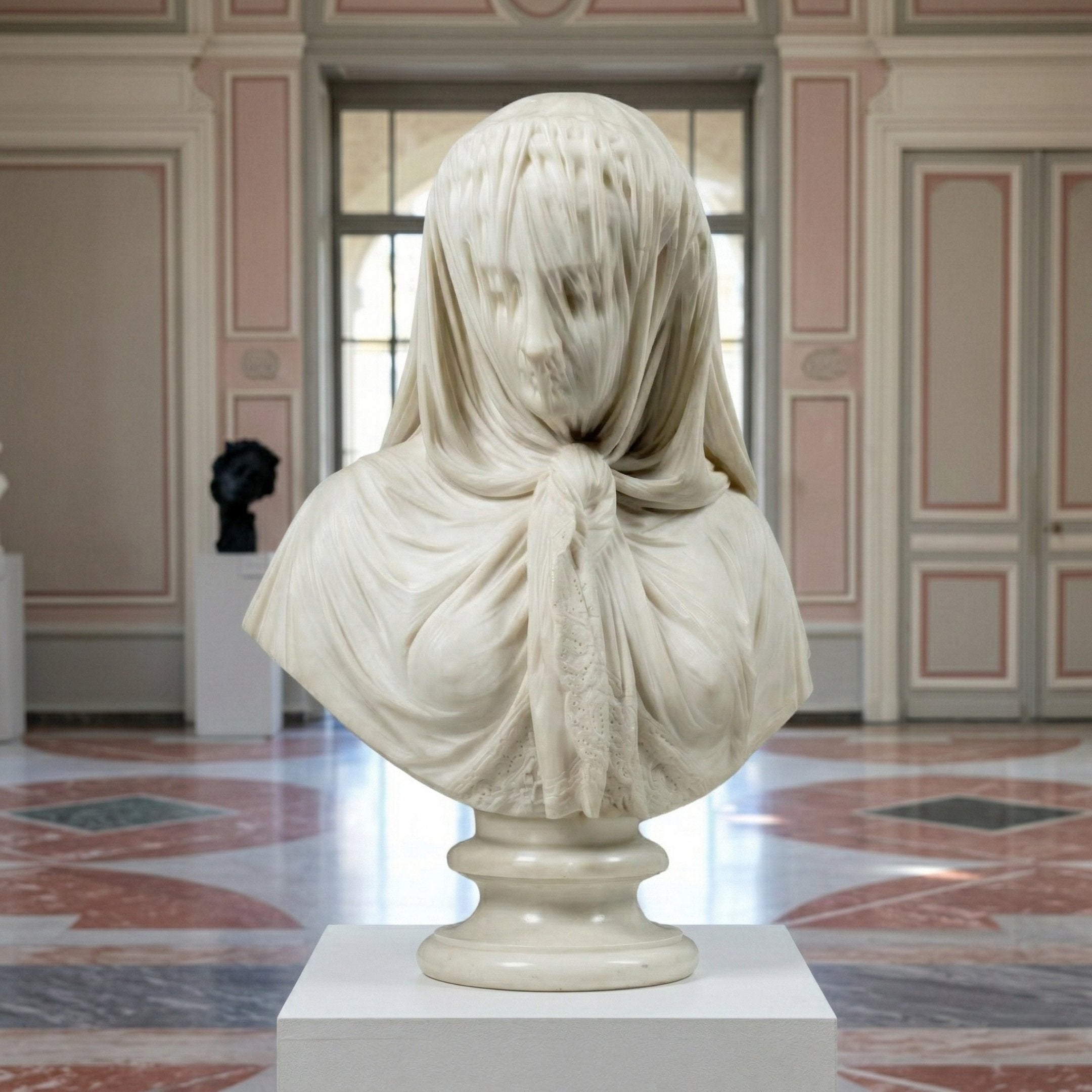 The Veiled Lady Marble Bust Sculpture - 65cm by Giant Sculptures features a woman with a delicate marble veil over her head and shoulders, perfect for display in museum galleries with classical architecture and patterned flooring.