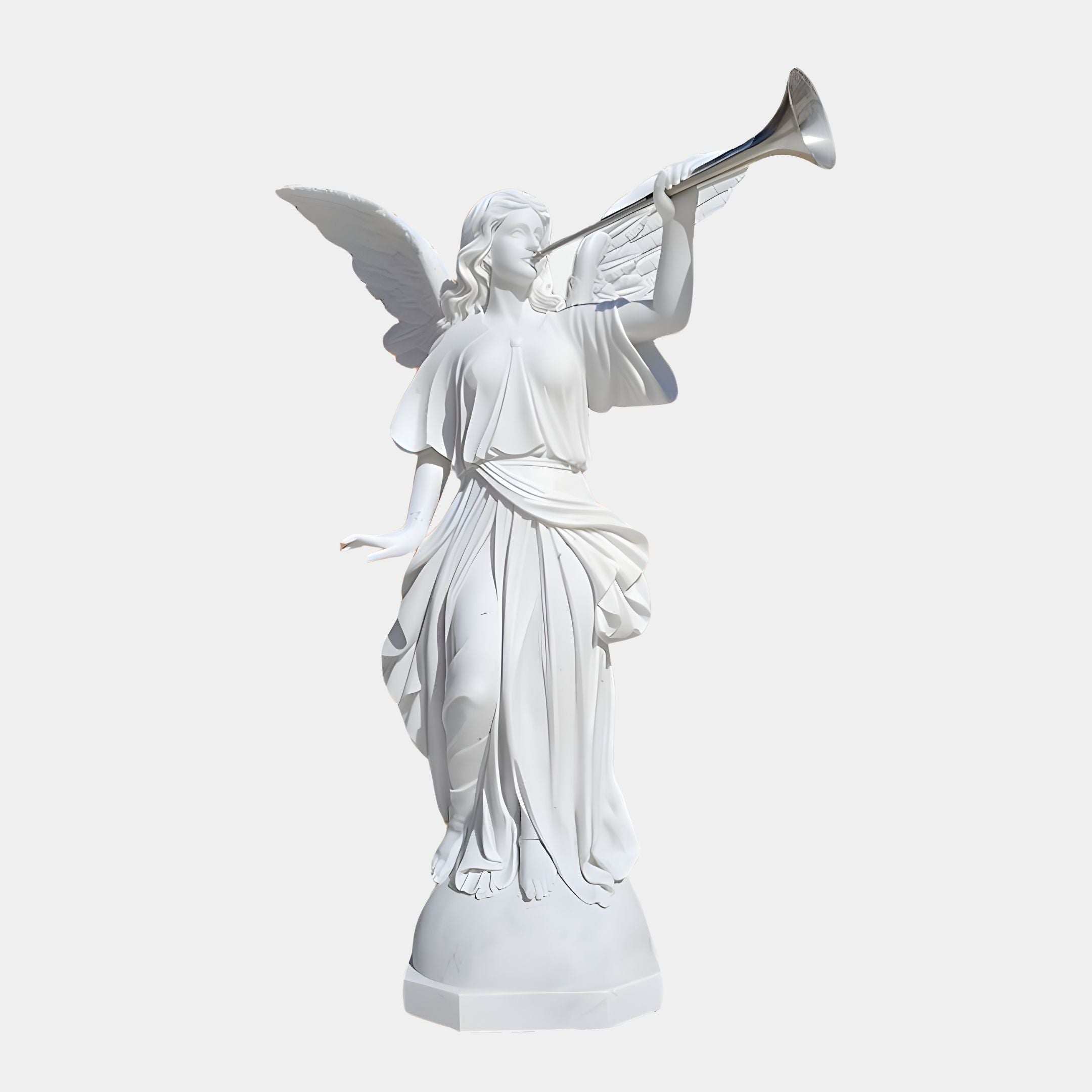 The Triumphant Trumpet Angel Marble Outdoor Sculpture by Giant Sculptures features a 190cm white angel with wings, wearing flowing robes and blowing a trumpet against a plain background.