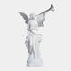 The Triumphant Trumpet Angel Marble Outdoor Sculpture by Giant Sculptures features a 190cm white angel with wings, wearing flowing robes and blowing a trumpet against a plain background.