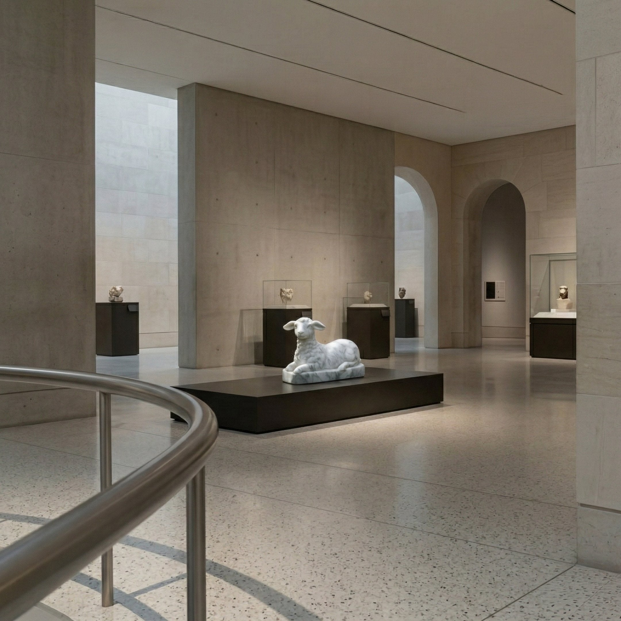 A museum gallery with stone walls and arched doorways displays classical sculptures, including the Giant Sculptures Resting Lamb Marble Outdoor Sculpture - 70cm on a central pedestal, bathed in soft natural light.