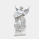 The Harvest Grace Angel Marble Outdoor Sculpture by Giant Sculptures is a 200cm white statue depicting an angel with large wings and flowing robes, gracefully holding a cornucopia of fruit and flowers on a pedestal. An elegant addition to any garden.