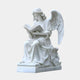 The Contemplative Reading Angel Marble Outdoor Sculpture by Giant Sculptures, standing 120cm tall, features a seated angel with wings, reading an open book. Its white marble finish captures intricate feather textures and serene facial features in stunning detail.