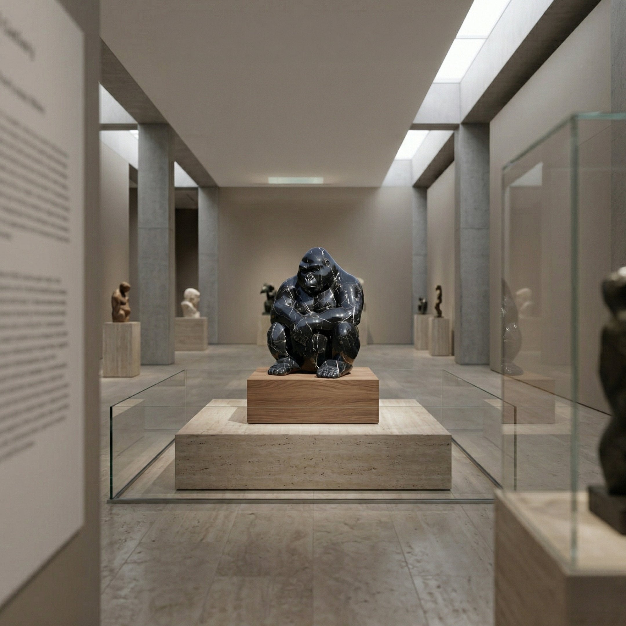 The Midnight Seated Gorilla Marble Outdoor Sculpture by Giant Sculptures (60cm) sits boldly on a wooden pedestal in a modern museum gallery, surrounded by glass cases and other sculptures beneath a skylit ceiling.