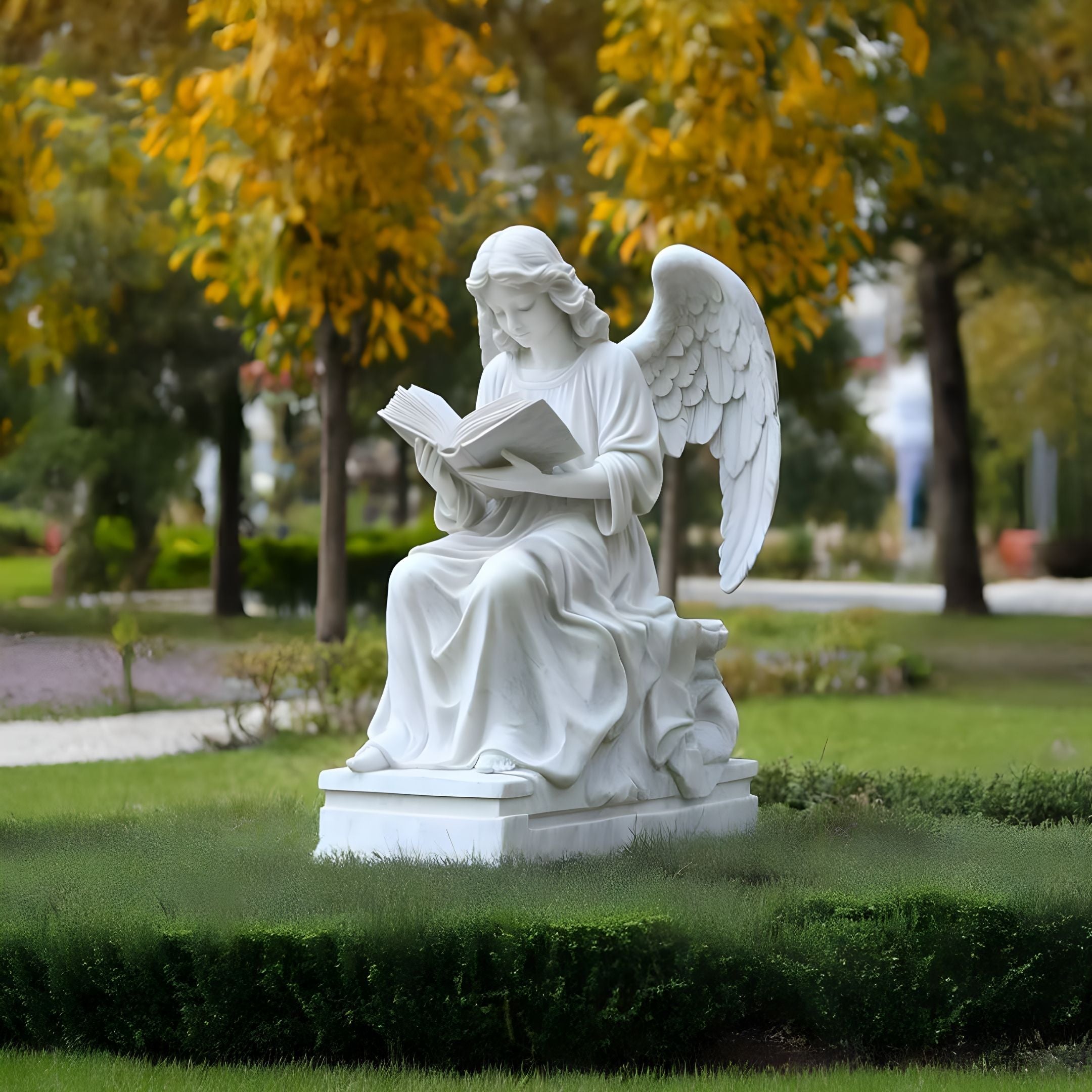 The 120cm Contemplative Reading Angel Marble Sculpture by Giant Sculptures sits serenely on a pedestal in the park, surrounded by green grass, trimmed shrubs, and trees with golden leaves, offering an enchanting backdrop to this exquisite outdoor decor.