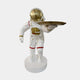 The White Space Astronaut Explorer Serve Sculpture by Giant Sculptures stands 85cm tall, featuring a white suit with gold and red accents, gold visor and tray, chest panel details, and a round white base—perfect space-themed decor.