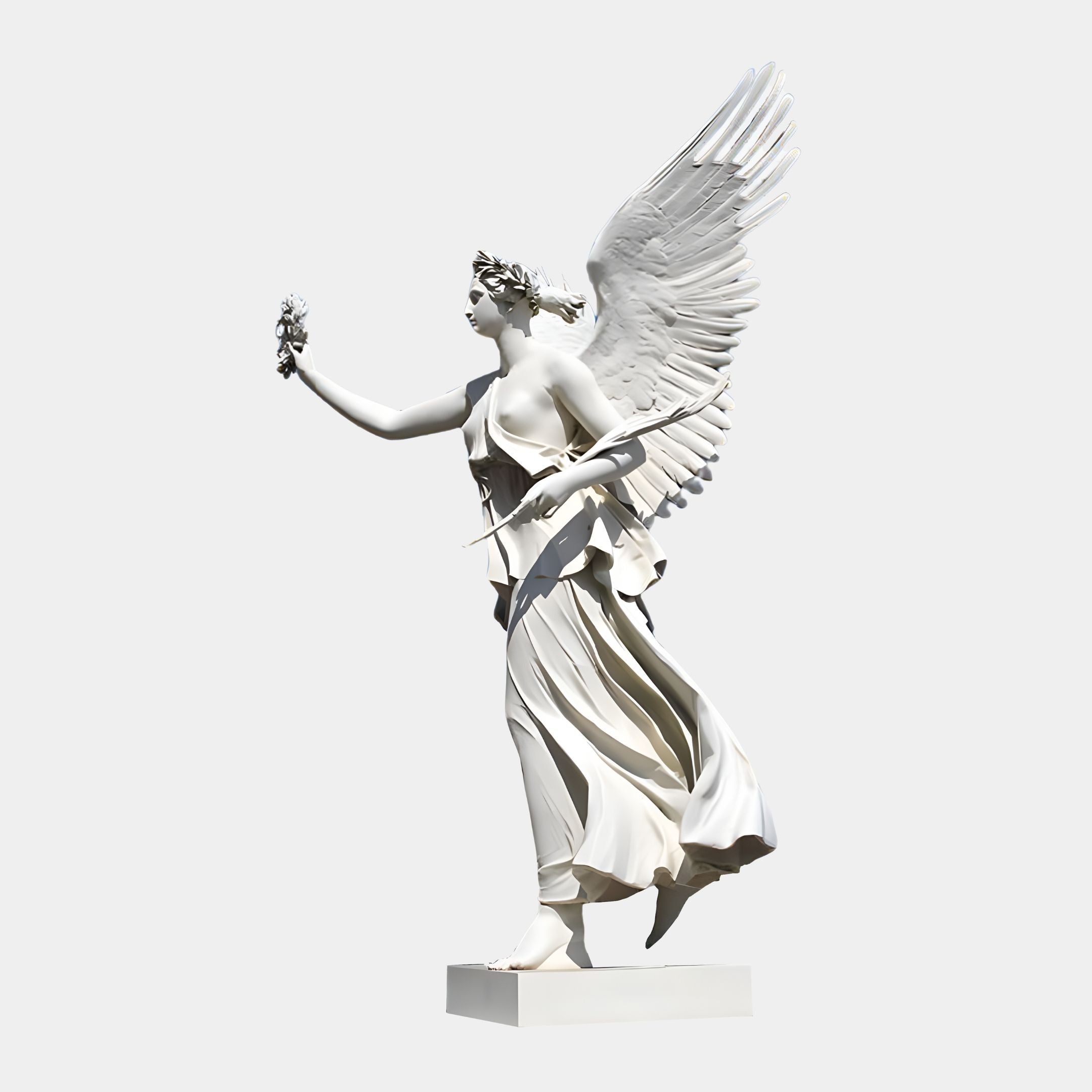 The Giant Soaring Laurel Angel Marble Outdoor Sculpture by Giant Sculptures is a 300cm white marble statue of an angel lifting a laurel wreath on one foot, with flowing robes and a small floral arrangement, highlighted against a plain backdrop to emphasize intricate details.