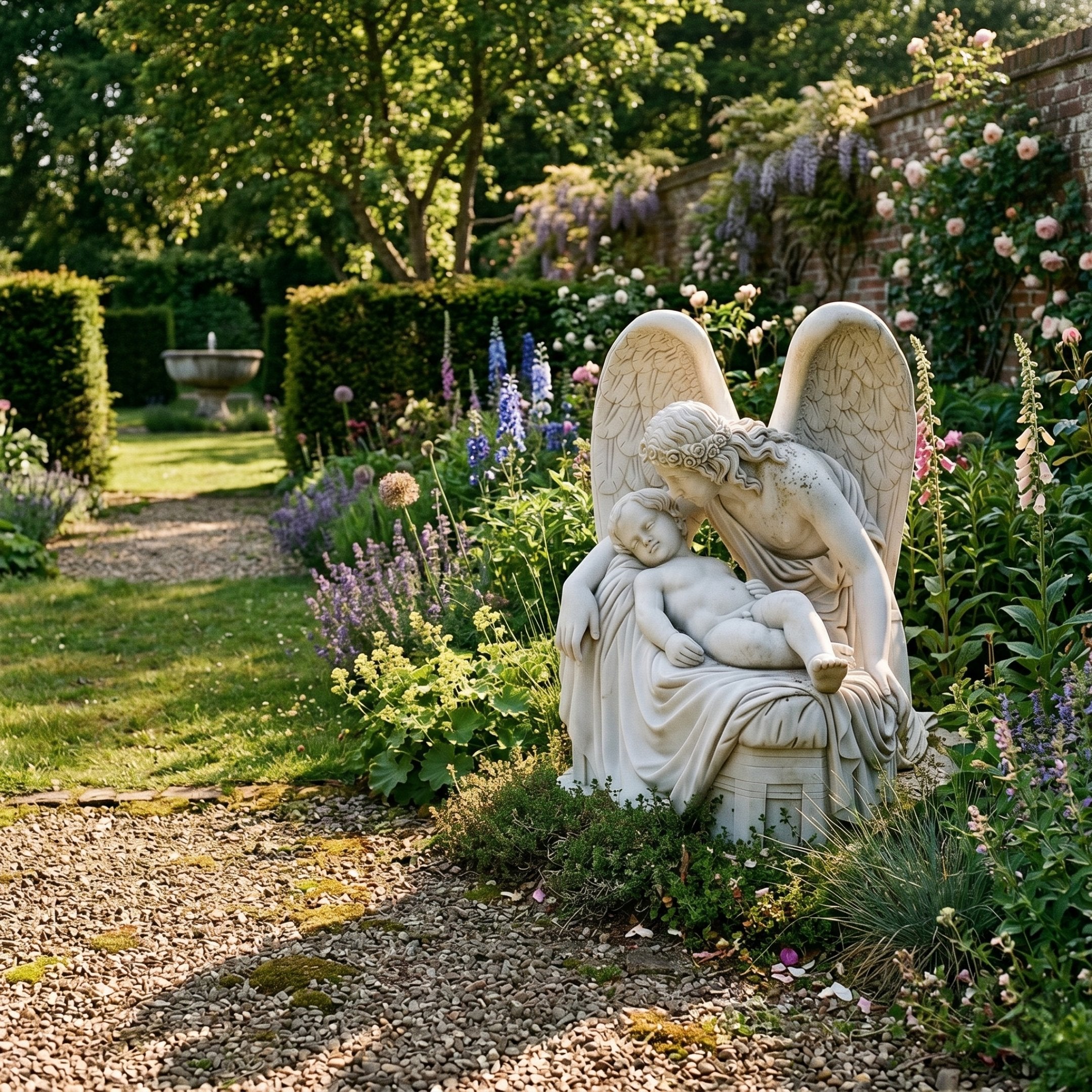 Mother And Son Angel Marble Outdoor Sculpture by Giant Sculptures, 130cm white marble angel with wings cradling a sleeping child, displayed in a lush walled garden with flowering borders.