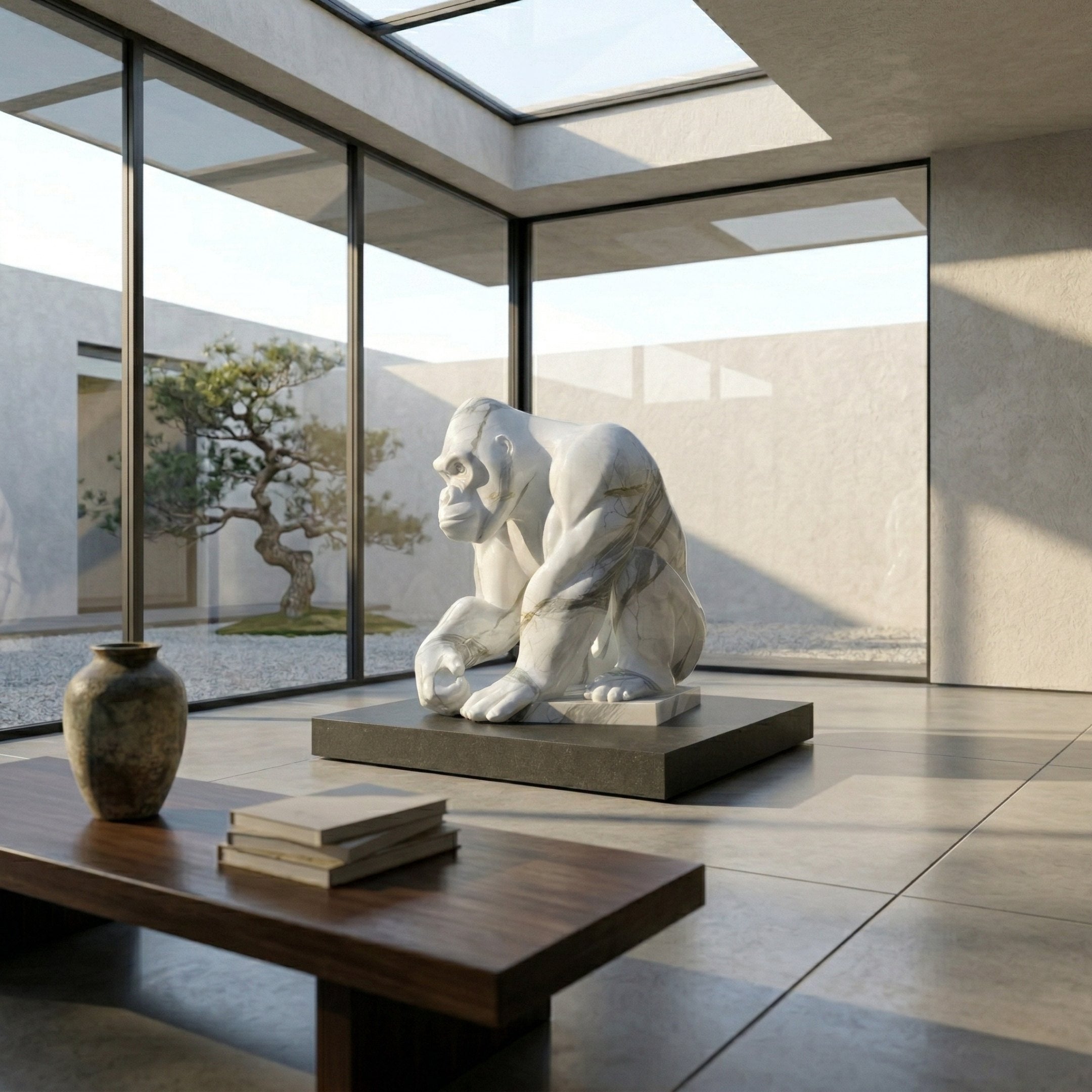 A modern, minimalist room with large windows displays the Crouching Gorilla Marble Outdoor Sculpture - 150cm by Giant Sculptures on a pedestal. A low wooden table with books and a vase sits in the foreground, with a tree visible in the courtyard.