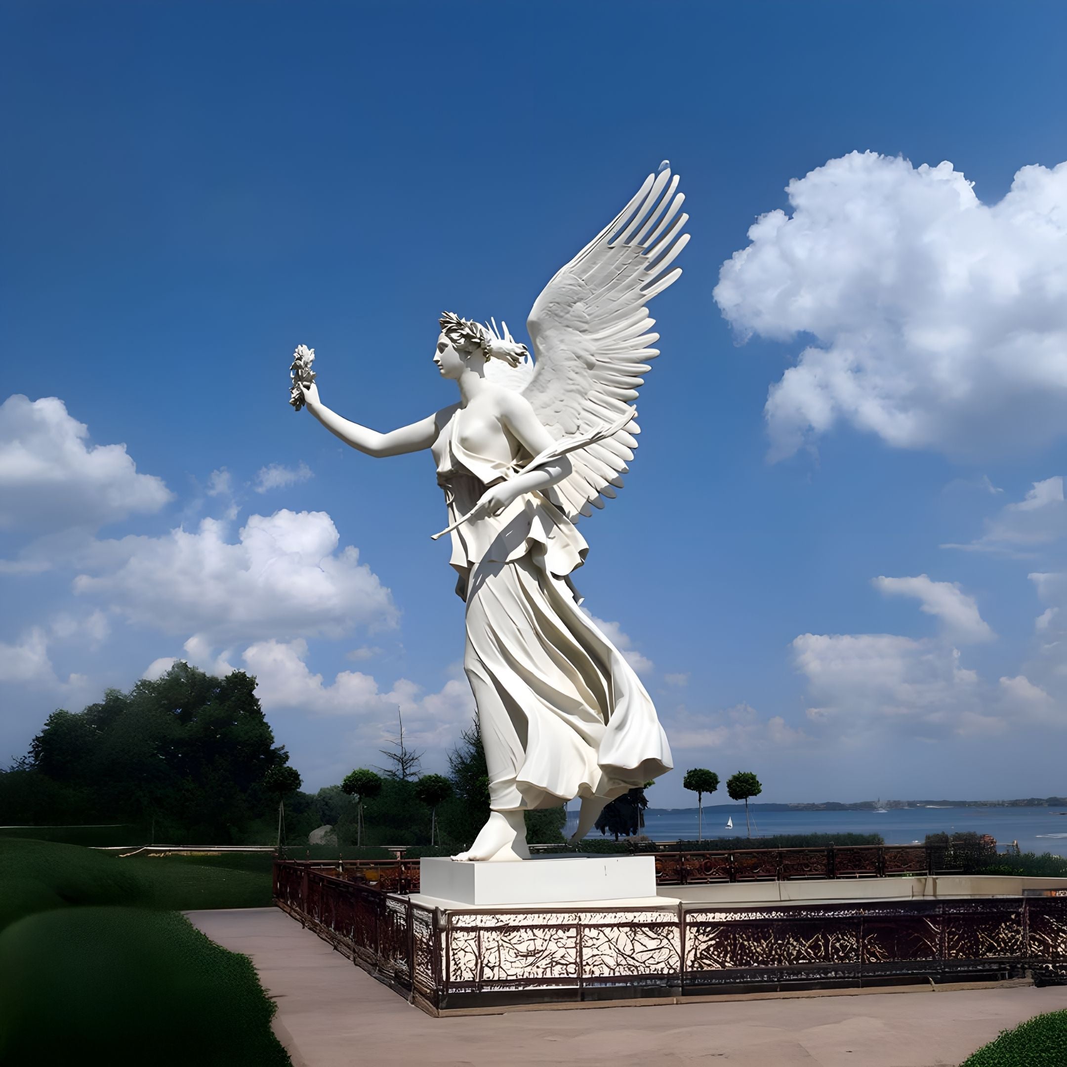 The Giant Sculptures Giant Soaring Laurel Angel Marble Outdoor Sculpture - 300cm, a large white statue, raises a laurel wreath against a partly cloudy blue sky. Situated on a landscaped platform, it is encircled by lush greenery with distant glistening water.