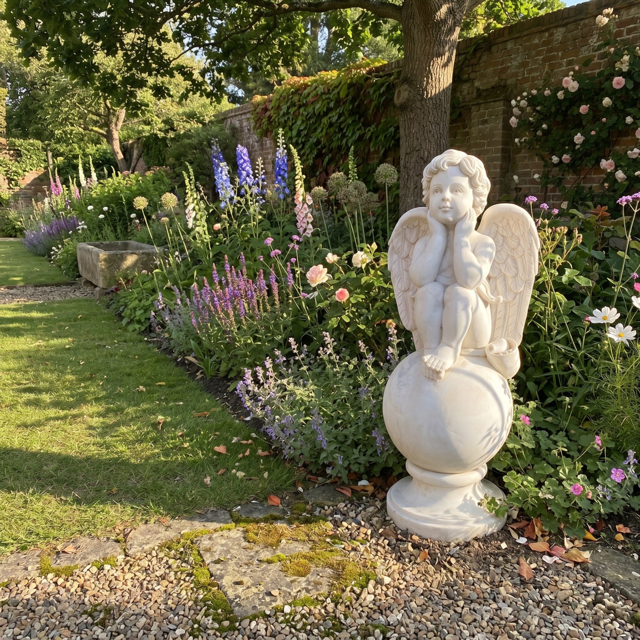 Cherub Angel Marble Outdoor Sculpture by Giant Sculptures, depicting a winged cherub seated on a sphere with hands resting on chin, placed in a walled English garden with flowering borders.