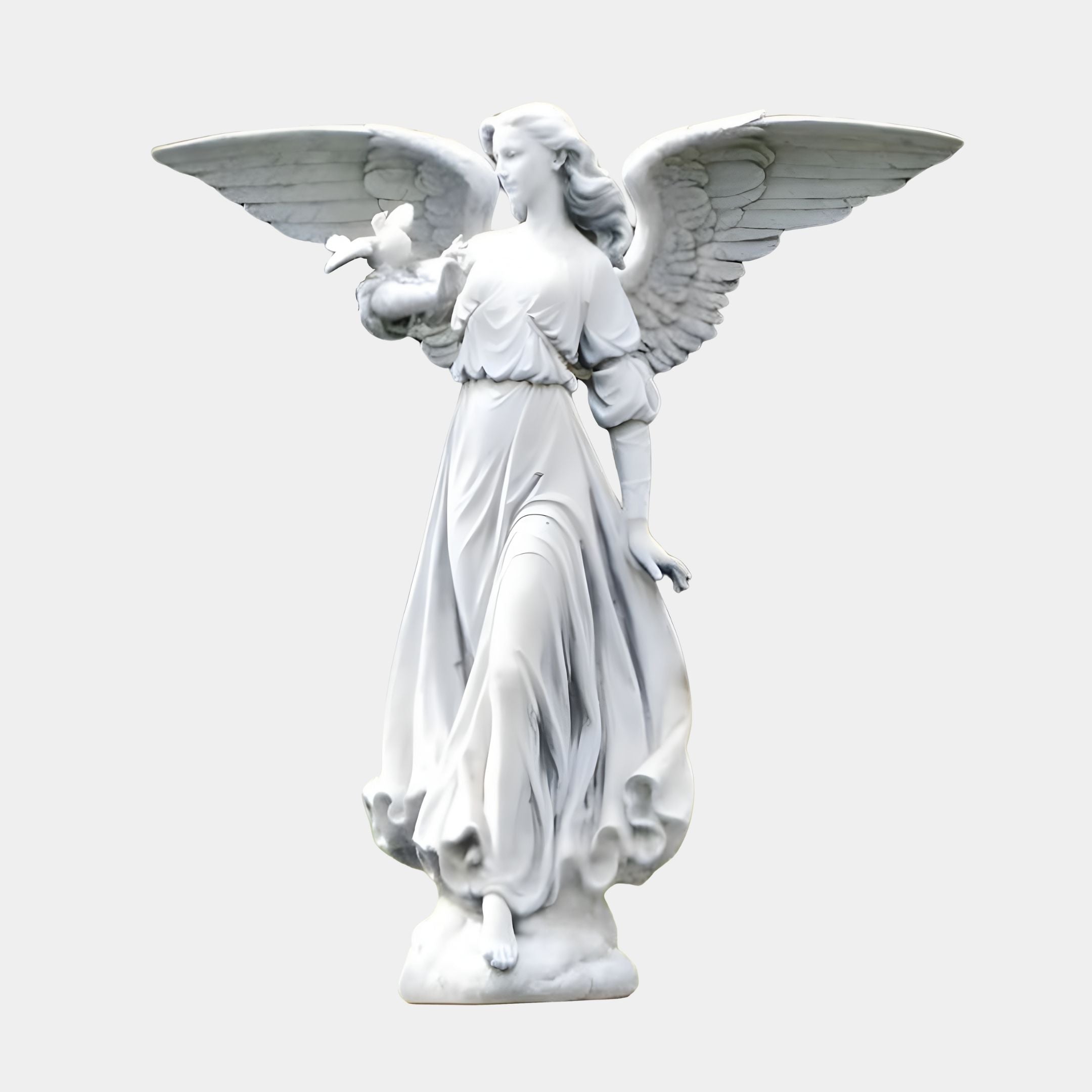 The Gentle Dove Angel Marble Outdoor Sculpture by Giant Sculptures, standing at 180cm, features a white marble angel with large wings cradling a bird. Its intricately detailed flowing dress and long hair exude serenity and harmony on a light gray backdrop, making it perfect for a garden.