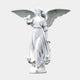 The Gentle Dove Angel Marble Outdoor Sculpture by Giant Sculptures, standing at 180cm, features a white marble angel with large wings cradling a bird. Its intricately detailed flowing dress and long hair exude serenity and harmony on a light gray backdrop, making it perfect for a garden.