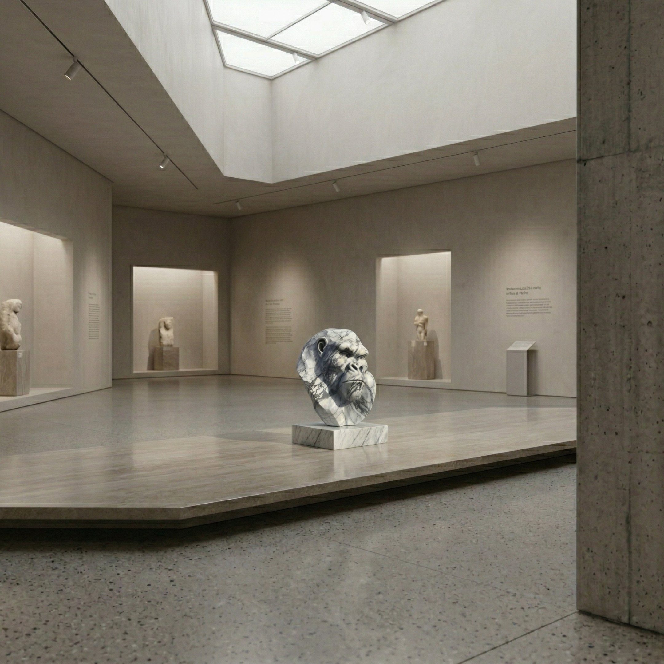 A marble sculpture of a bearded man’s head stands on a pedestal in a modern gallery filled with natural light, while the Mighty Gorilla Bust Marble Outdoor Sculpture - 60cm by Giant Sculptures is showcased in the background.