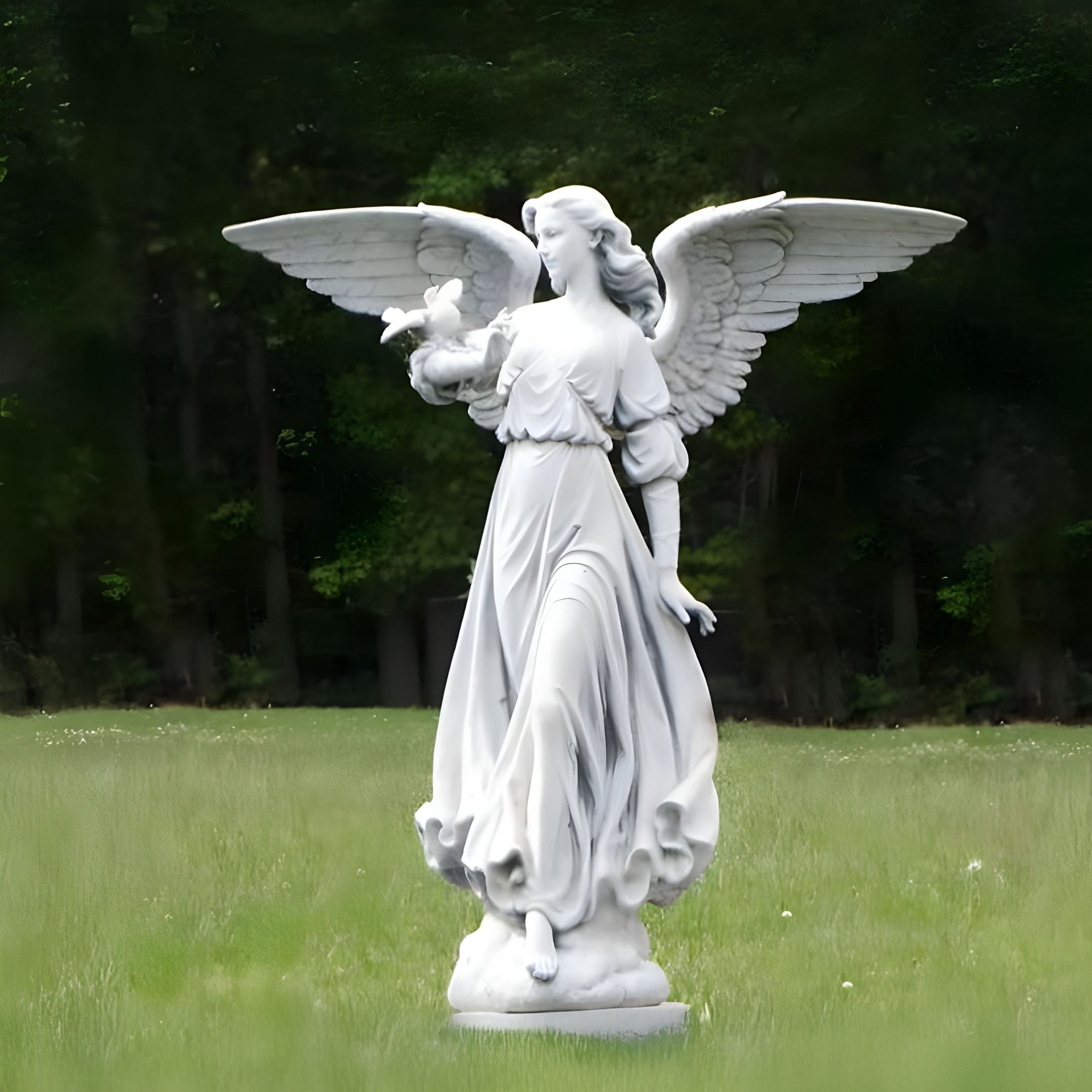 The Gentle Dove Angel Marble Outdoor Sculpture by Giant Sculptures stands gracefully among green grass and dense foliage, symbolizing peace with its detailed wings, flowing gown, and bird in hand.