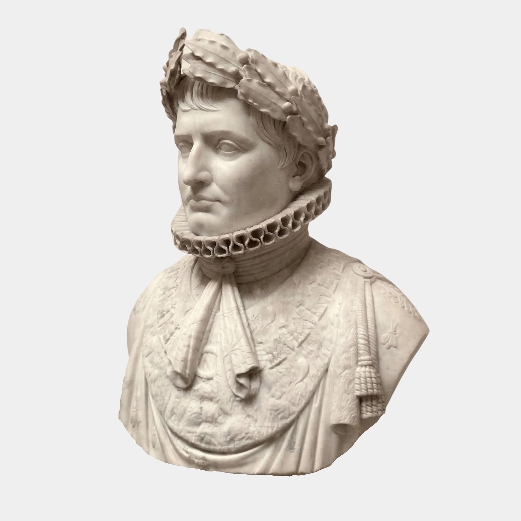 The Imperial Marble Bust Sculpture - 75cm by Giant Sculptures features a marble man in a laurel wreath and ornate high-collared garment, displaying textured patterns, ribbons, and Renaissance style with a serious expression.