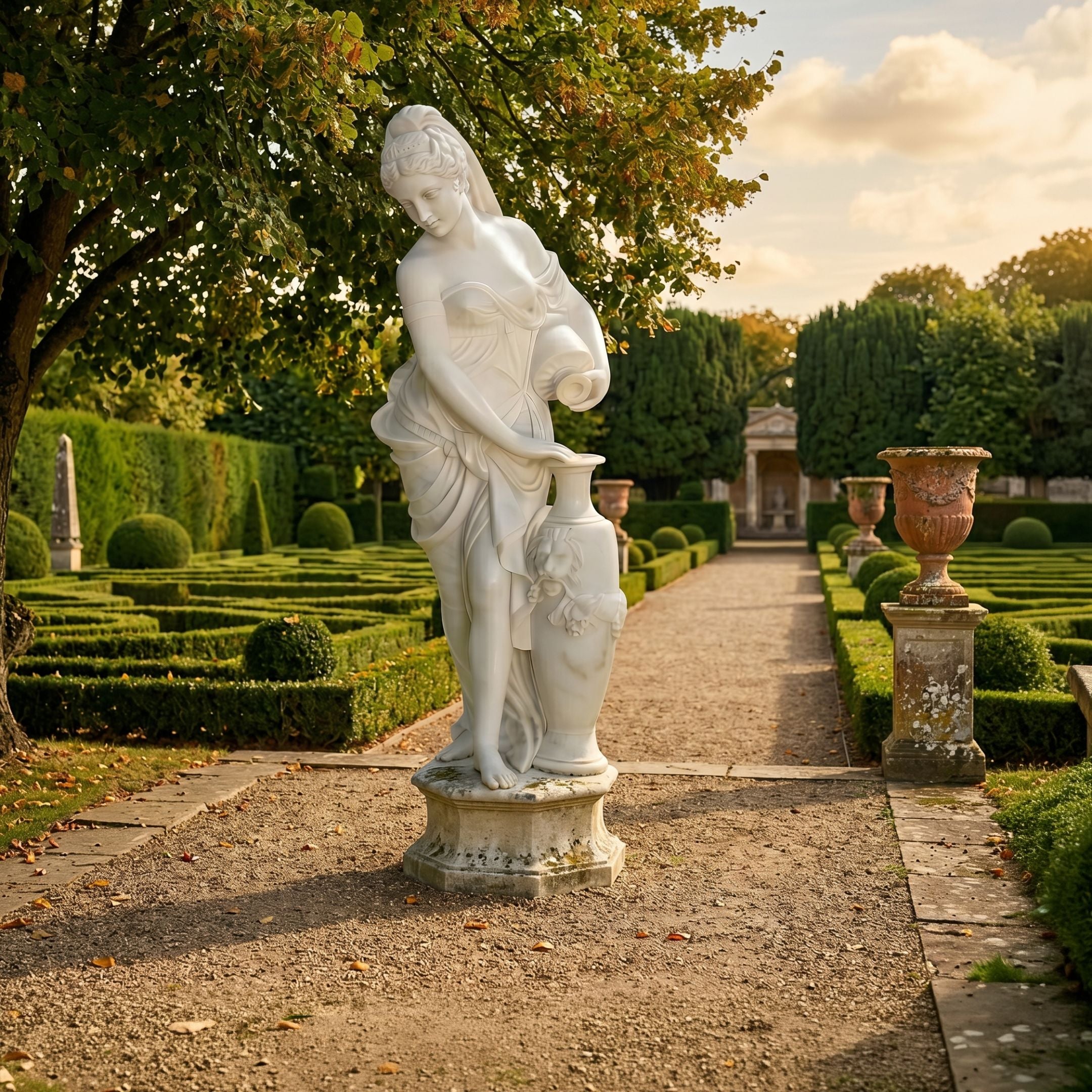 Giant Sculptures 180cm Water Nymph marble sculpture on a stone plinth along a gravel path in a formal hedge garden with terracotta urns at golden hour.