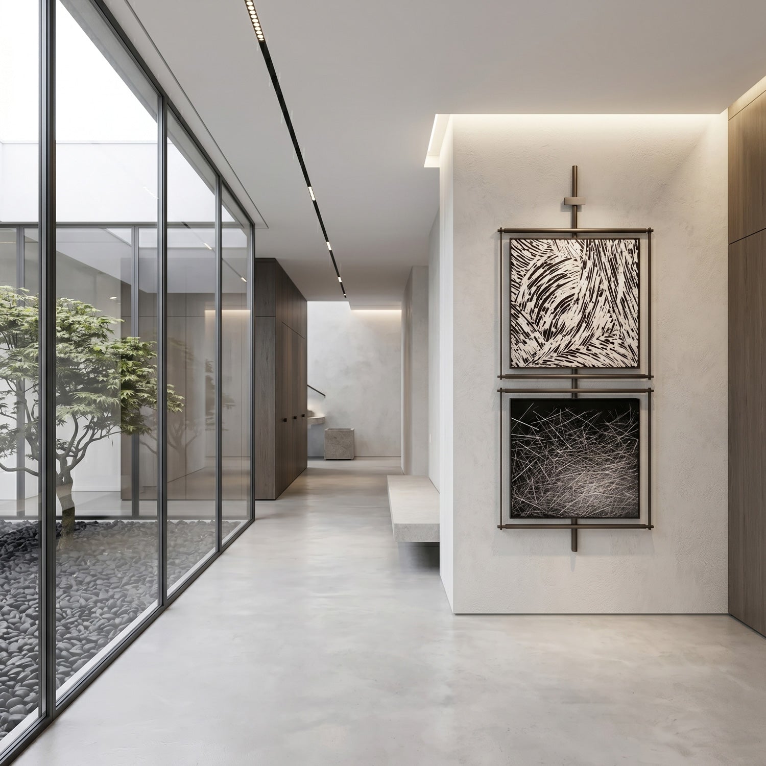 Vistarte Monochrome Abstract Dual Panel Metal Wall Art by Giant Sculptures mounted in a minimalist hallway beside a glass-walled courtyard with a Japanese maple.