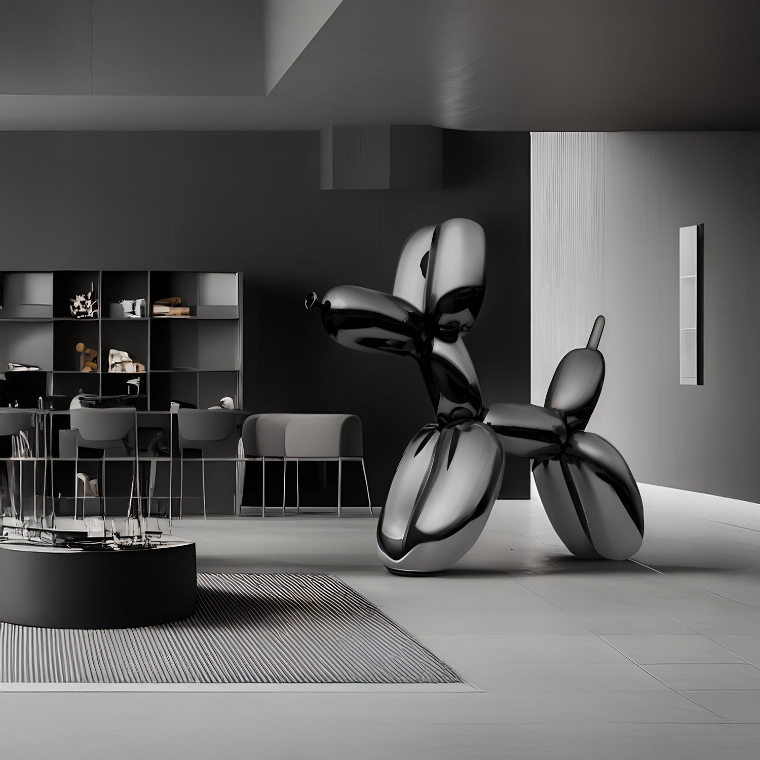 A sleek, modern room features monochrome decor with a balloon animal sculpture, resembling a dog, in reflective black. The space includes a dining area with chairs, a table, and a wall shelf displaying various items.