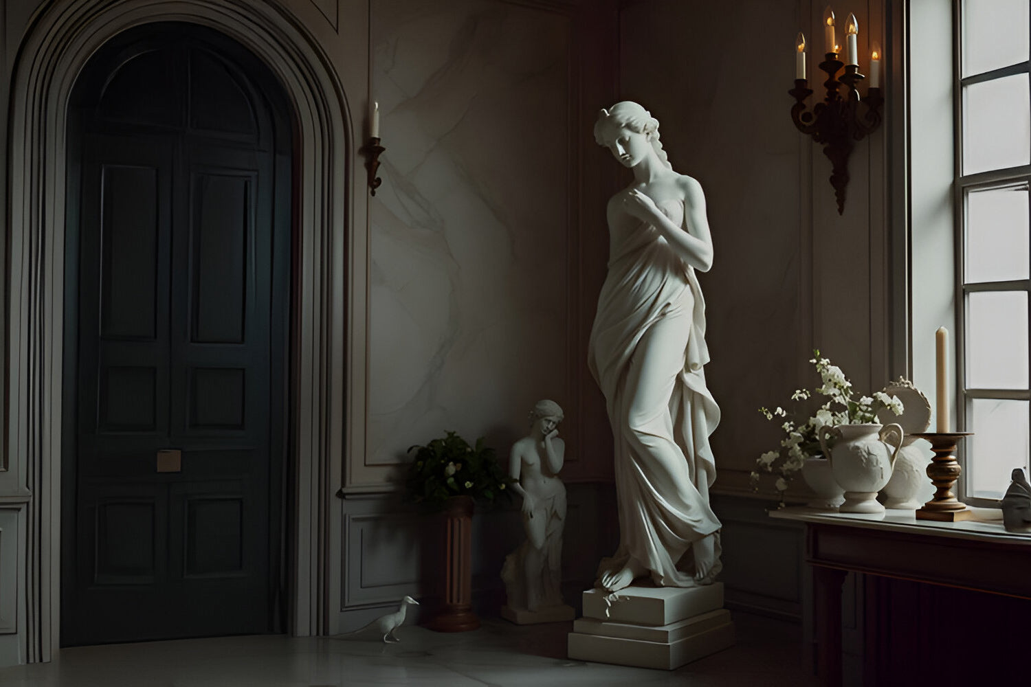 A dimly lit room features a graceful marble statue of a woman draped in fabric, standing on a pedestal. Nearby, a smaller statue stands, and a table with a floral arrangement and candles is illuminated by light from a window.