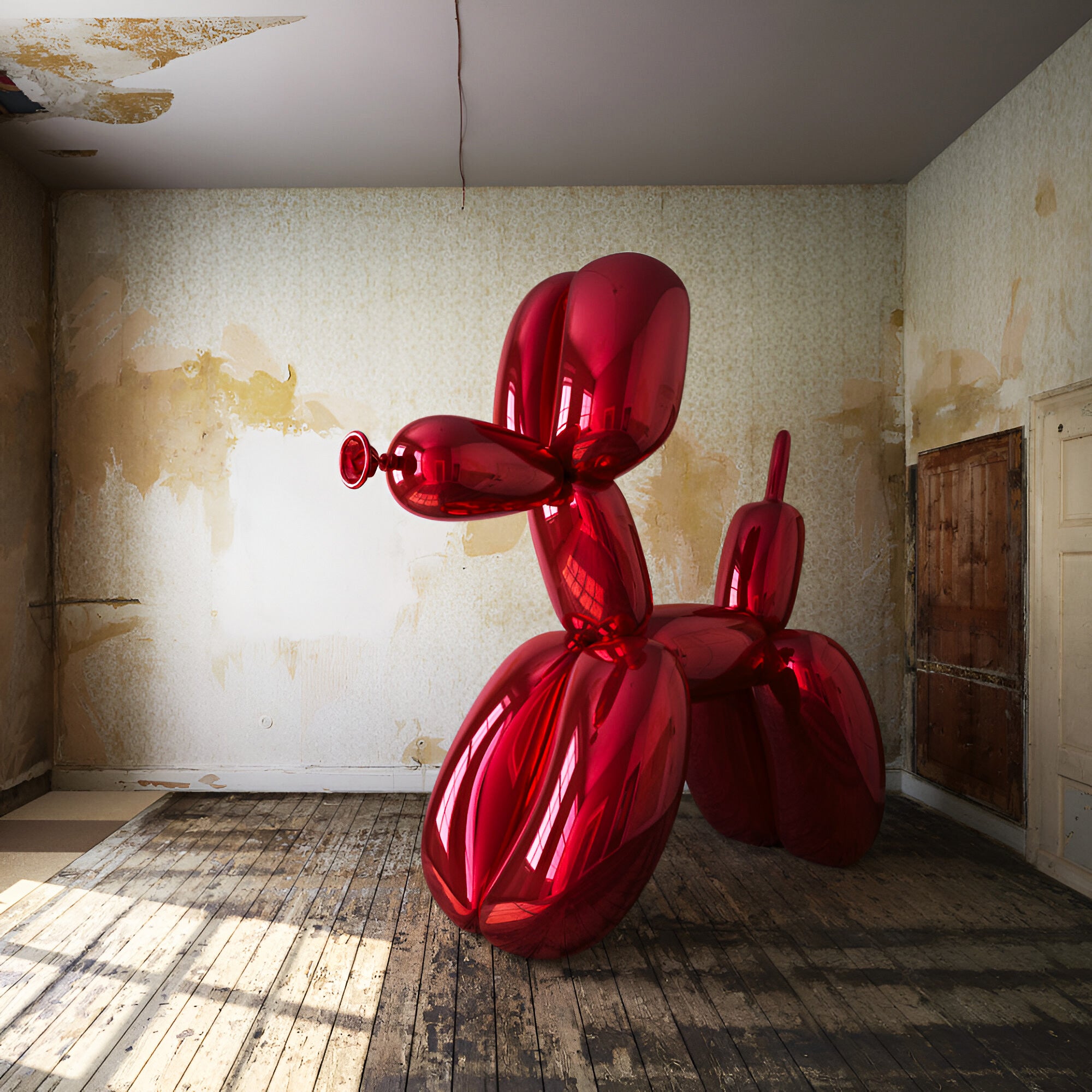 Large red dog sculpture placed in an urban, industrial-styled room, creating a bold and artistic focal point.