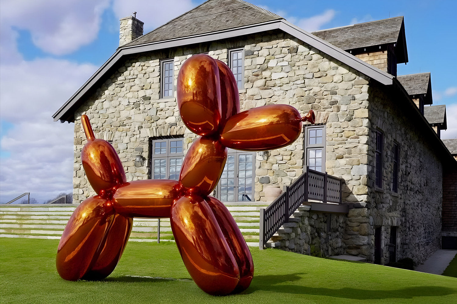 A large, metallic orange balloon animal sculpture resembling a dog is displayed on a grassy area in front of a rustic stone building with wooden accents and a chimney. The sky is partly cloudy, creating a bright and vibrant atmosphere.