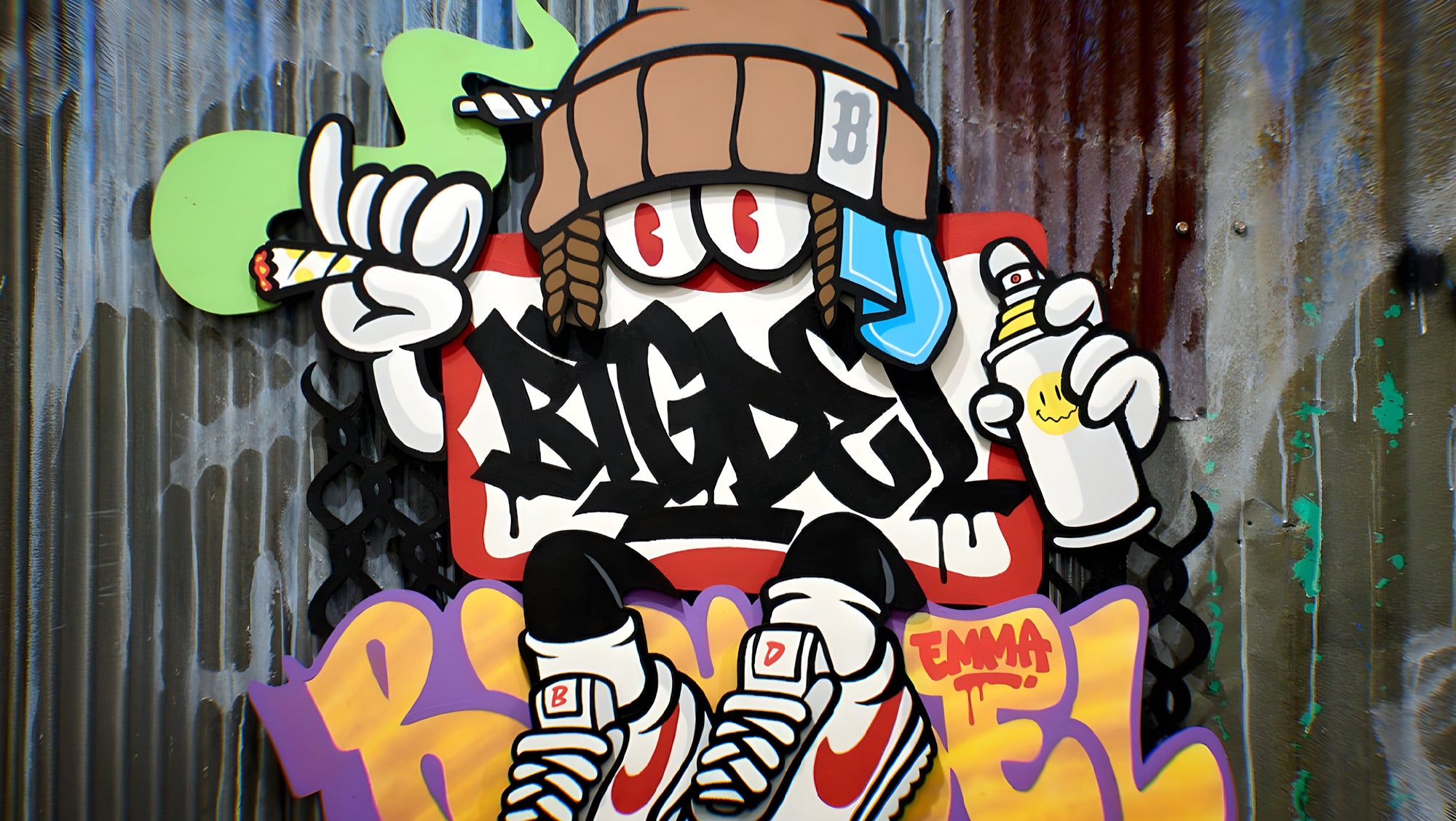 Street art of a cartoon character wearing a brown beanie and sneakers, holding a smoking joint and a white spray paint can. The background features graffiti text and colorful spray paint drips.