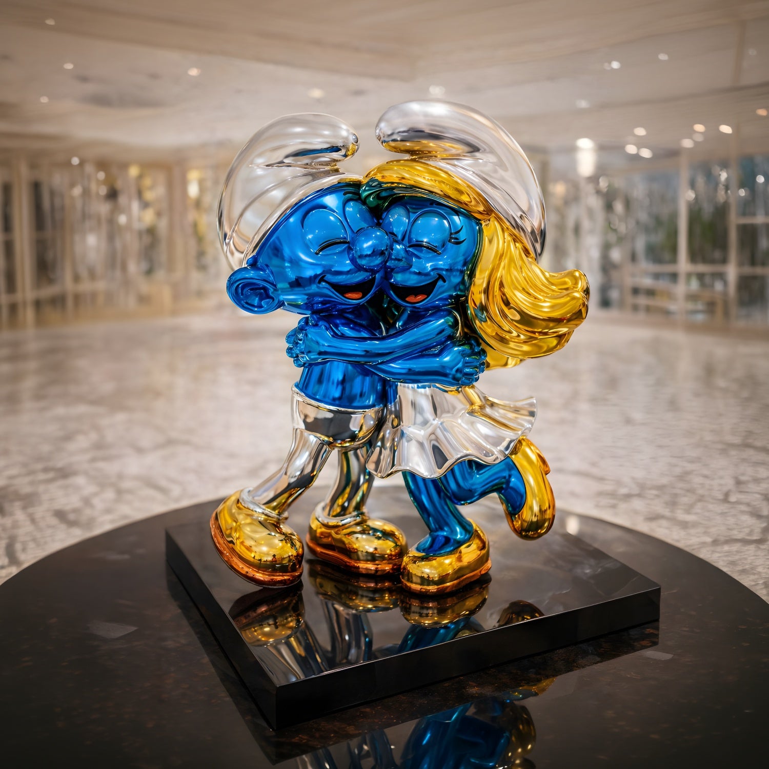 The Giant Sculptures Smurf Couple Hugging Embrace Statue (40cm) features two blue cartoon characters hugging with gold shoes and hair, displayed on a black pedestal in a bright, spacious room.