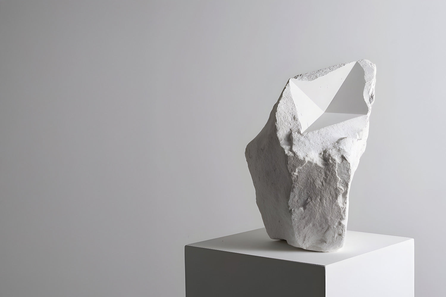 A white, abstract stone sculpture with geometric cuts and rough surfaces sits atop a square white pedestal against a plain grayish background.