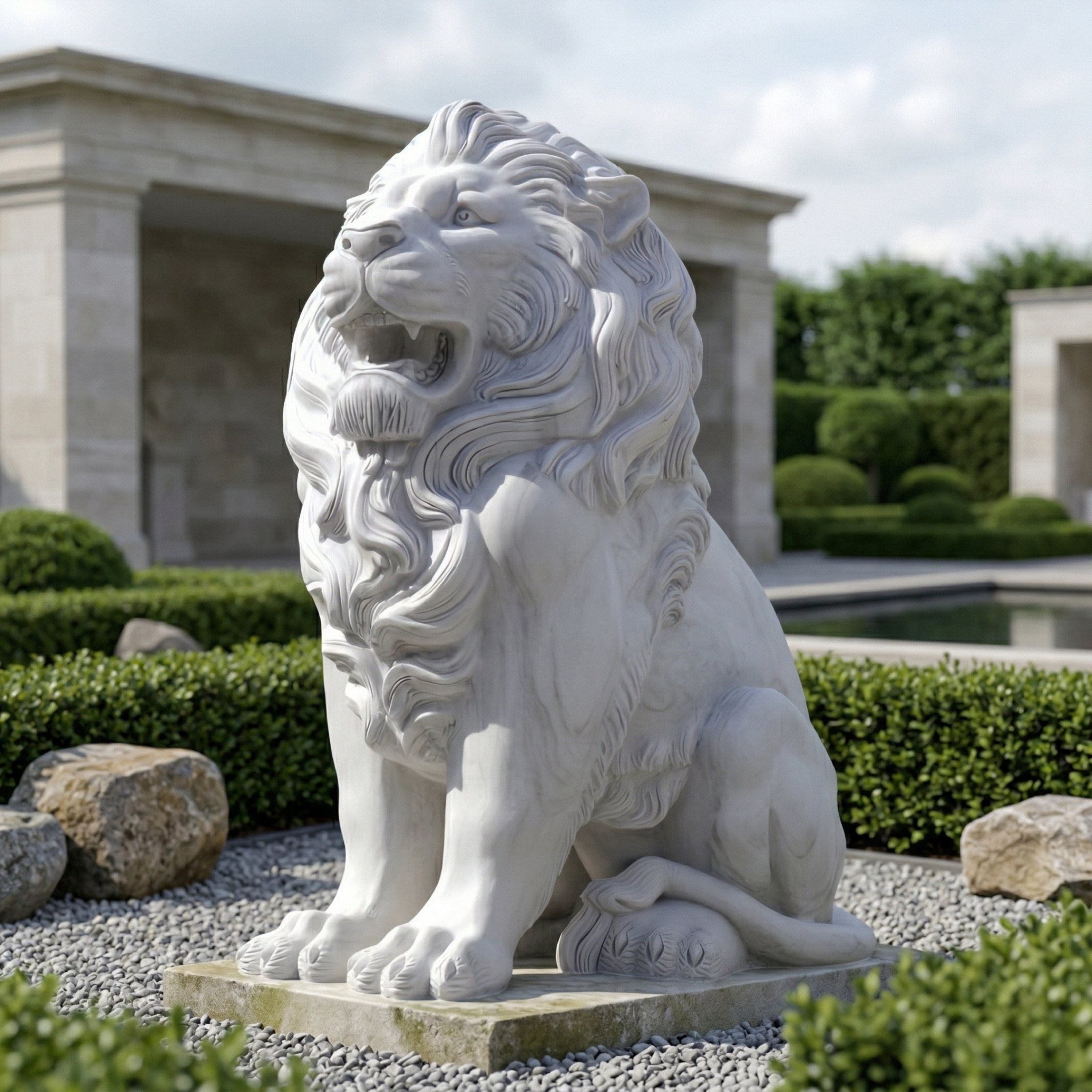 The Giant Lion Marble Outdoor Sculpture - 150cm by Giant Sculptures sits on gravel amid trimmed bushes and rocks, with classical stone buildings and greenery behind, making it a striking, elegant addition to any garden or entryway.