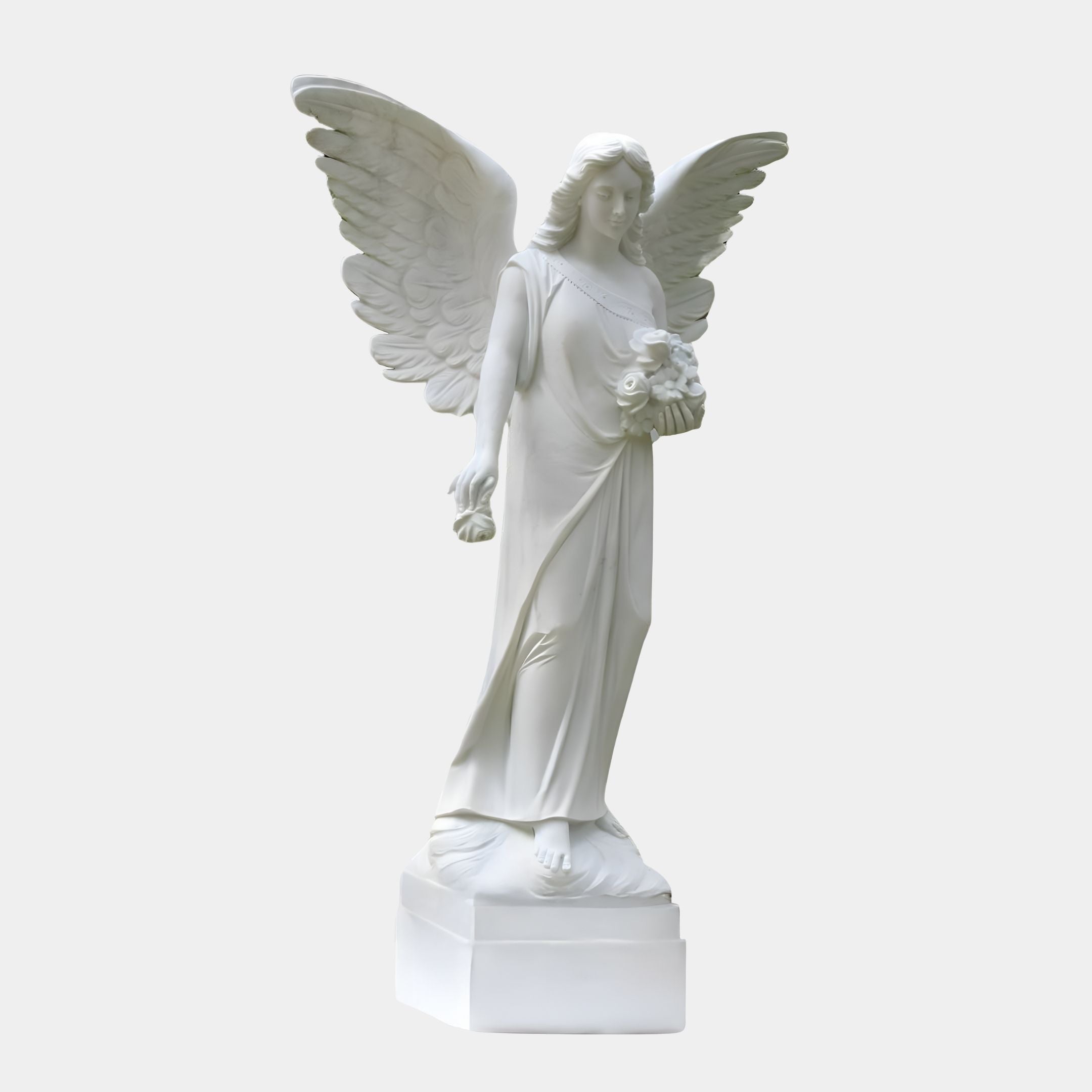 The Floral Grace Angel Marble Outdoor Sculpture by Giant Sculptures features a white angel with large wings, cradling a bouquet of roses and wearing a gentle expression, mounted on a simple pedestal. Ideal for gardens at 220cm tall.