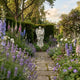 Life-Size Garden Angel Marble Outdoor Sculpture by Giant Sculptures, 180cm white marble angel with outstretched wings and flowing drapery, set in a lush garden along a stone path.