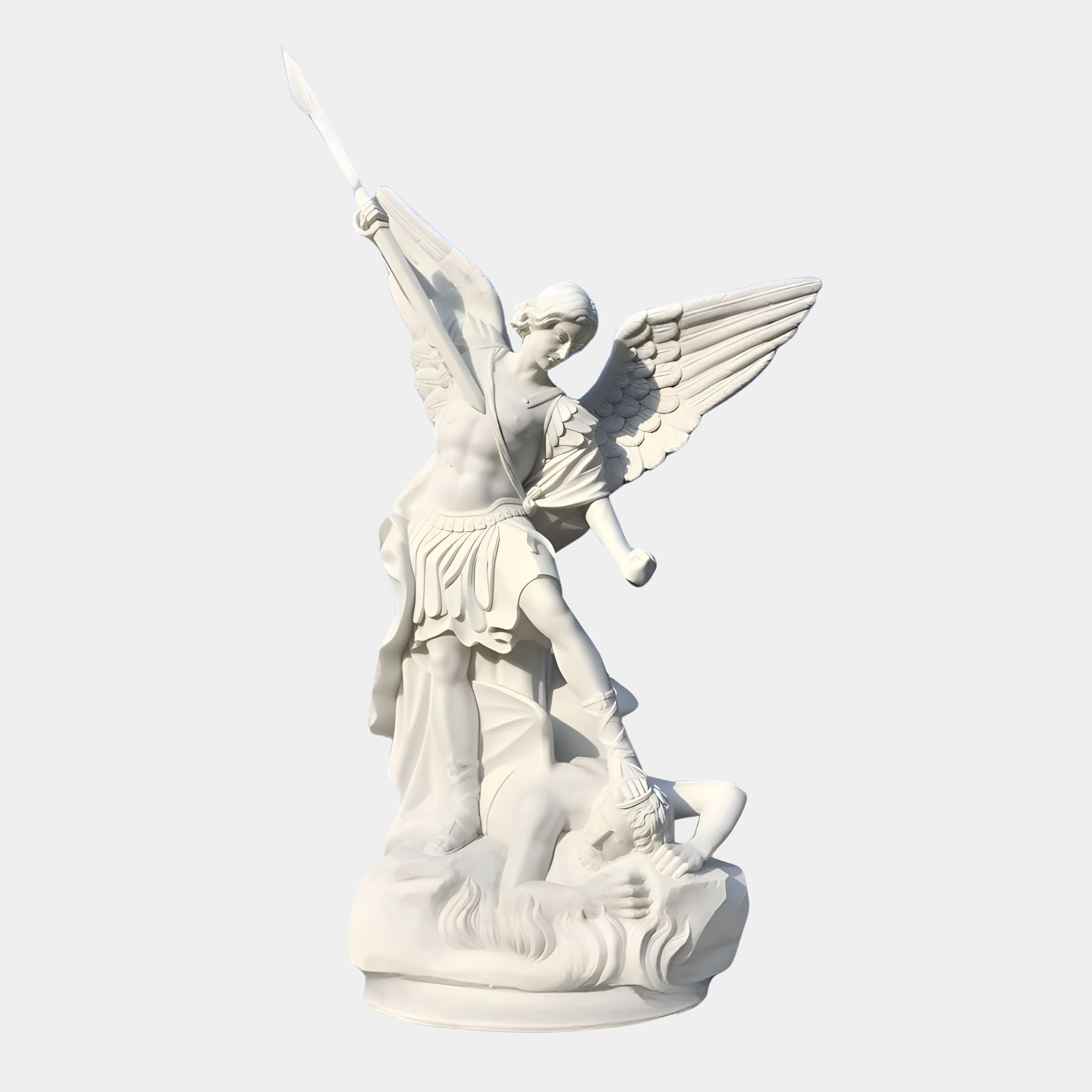 The Conquering Spear Archangel Marble Outdoor Sculpture by Giant Sculptures features a majestic archangel, expertly crafted in marble, triumphantly wielding a spear over a defeated foe on a rocky base.