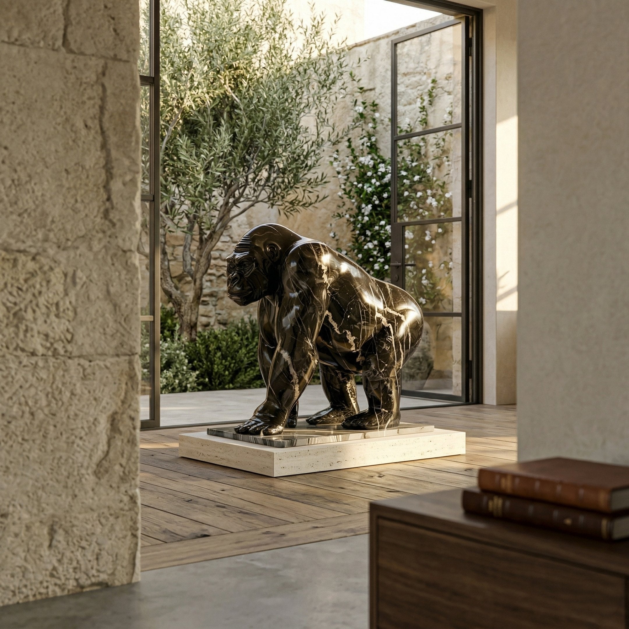 The Midnight Gorilla Marble Outdoor Sculpture - 120cm by Giant Sculptures stands on a marble base in a sunlit room near open glass doors to the garden, with books stacked nearby, adding elegance to the space.