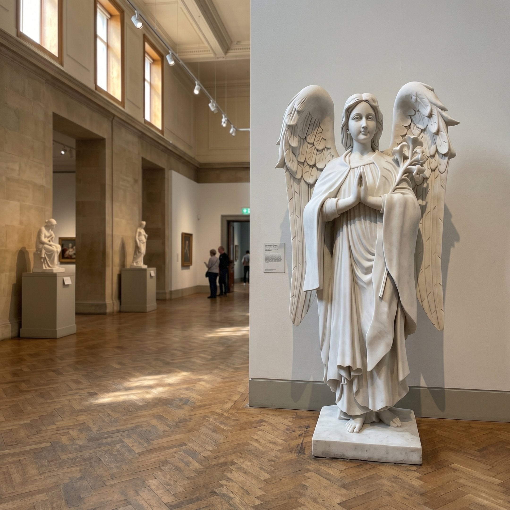 Prayerful Laurel Angel Marble Outdoor Sculpture by Giant Sculptures, 130cm white marble angel holding a laurel branch with detailed feathered wings, displayed in a museum gallery with herringbone wood flooring.