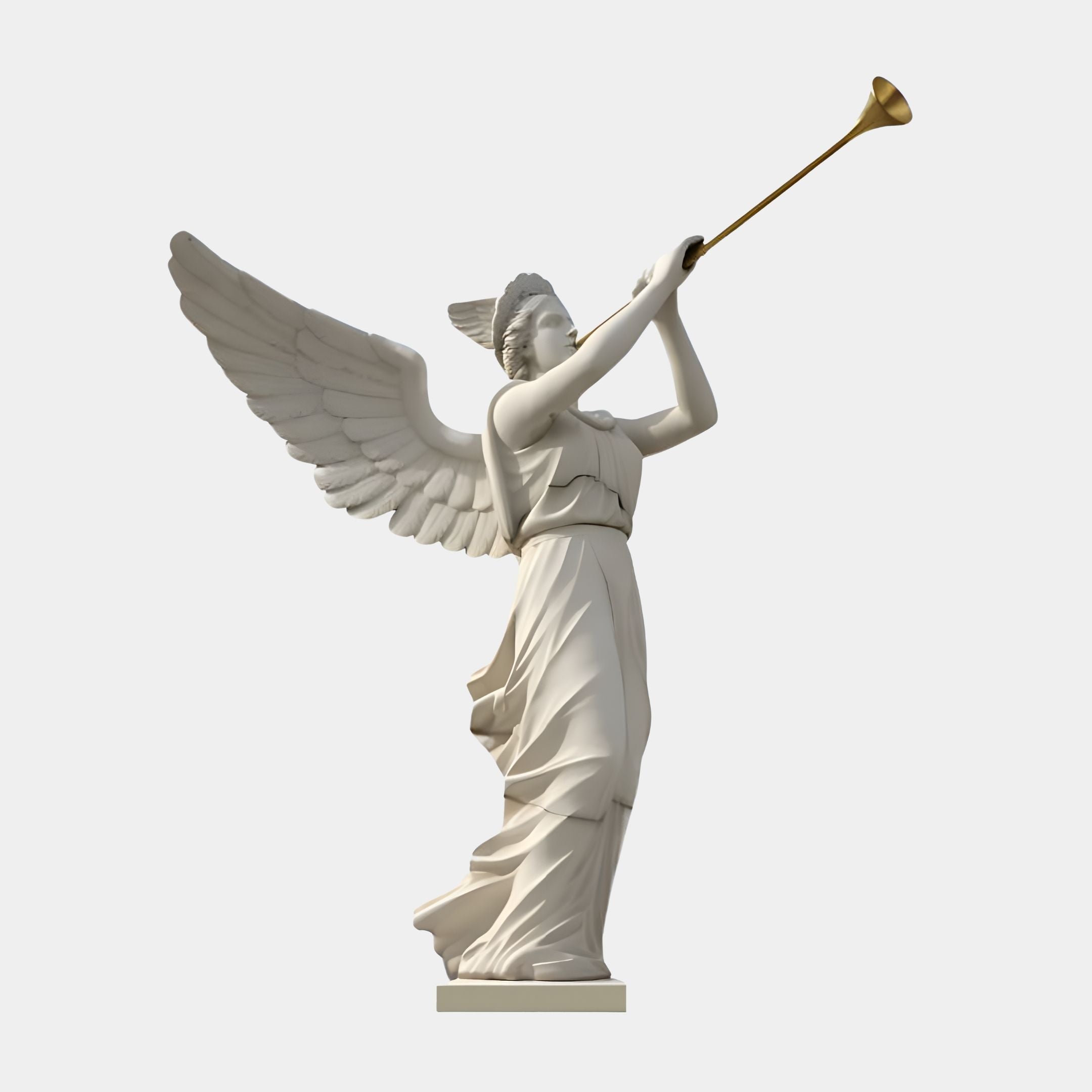 The Trumpeting Herald Angel Marble Outdoor Sculpture by Giant Sculptures features a 300cm white angel with large wings and a flowing robe, playing a golden trumpet against a plain background, embodying grace and heraldry.